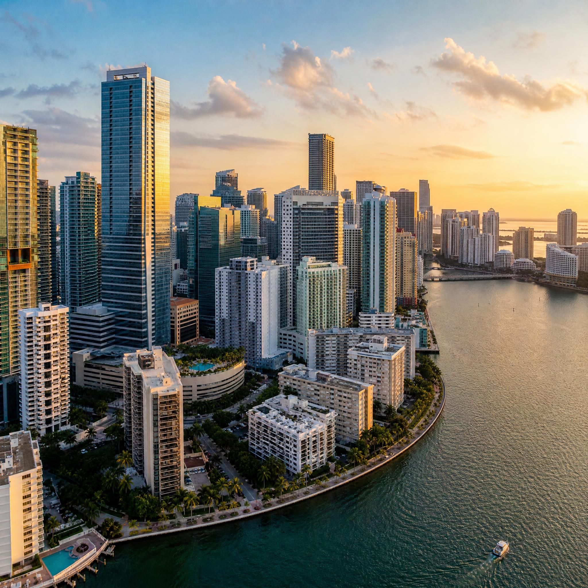 Aerial drone view of Miami's Brickell skyline and waterfront at golden hour, showcasing luxury high-rise towers along Biscayne Bay
