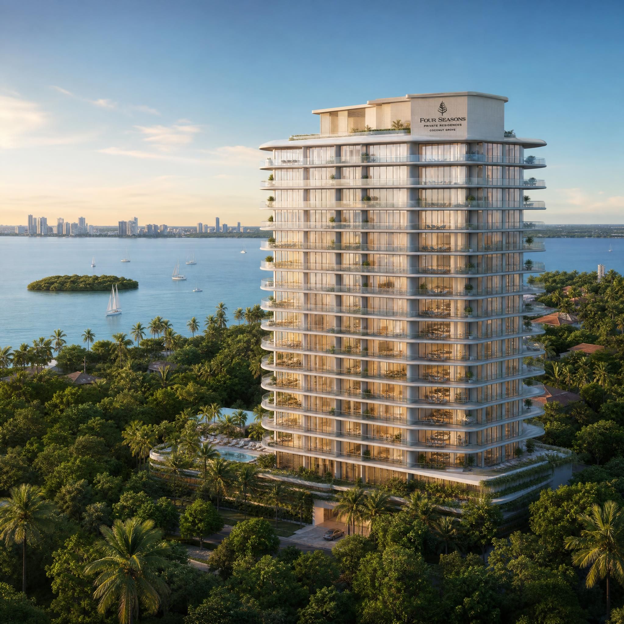 Rendering of Four Seasons Private Residences Coconut Grove, a 20-story waterfront tower surrounded by lush tropical canopy with Biscayne Bay in the background