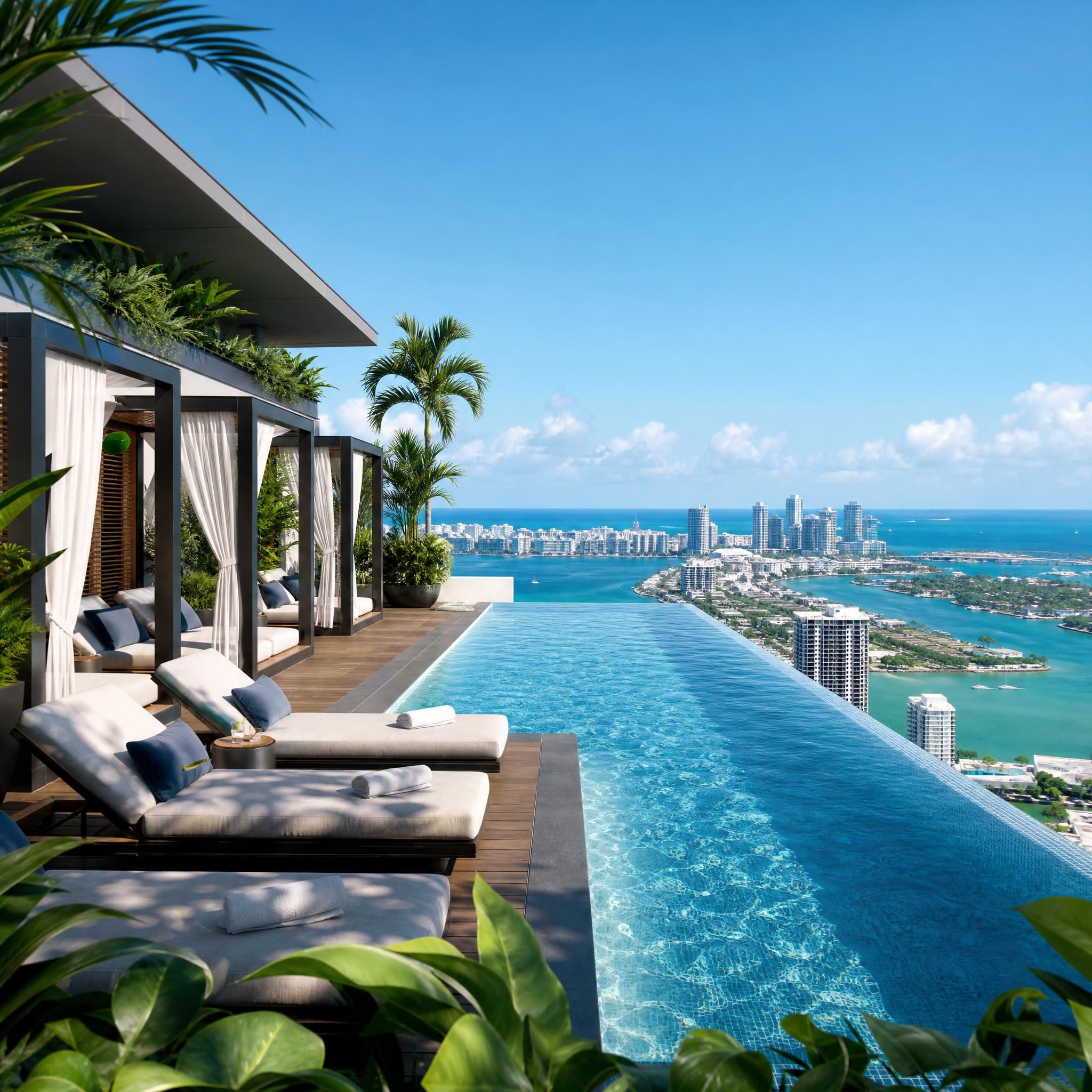 Rooftop infinity pool at a Miami luxury high-rise with panoramic ocean and city skyline views, resort-style cabanas and lush landscaping