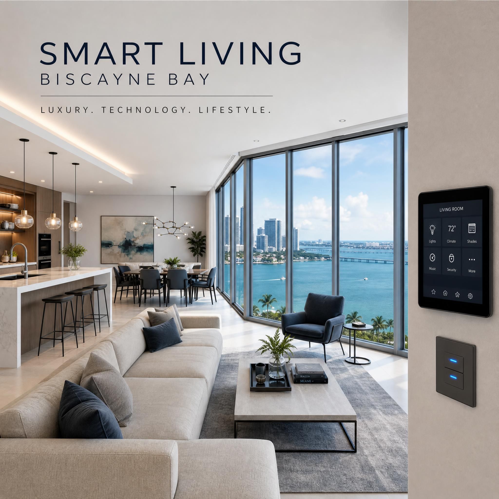 Modern luxury condo interior with floor-to-ceiling windows overlooking Biscayne Bay, featuring open-plan living space with designer furniture and smart home technology panels