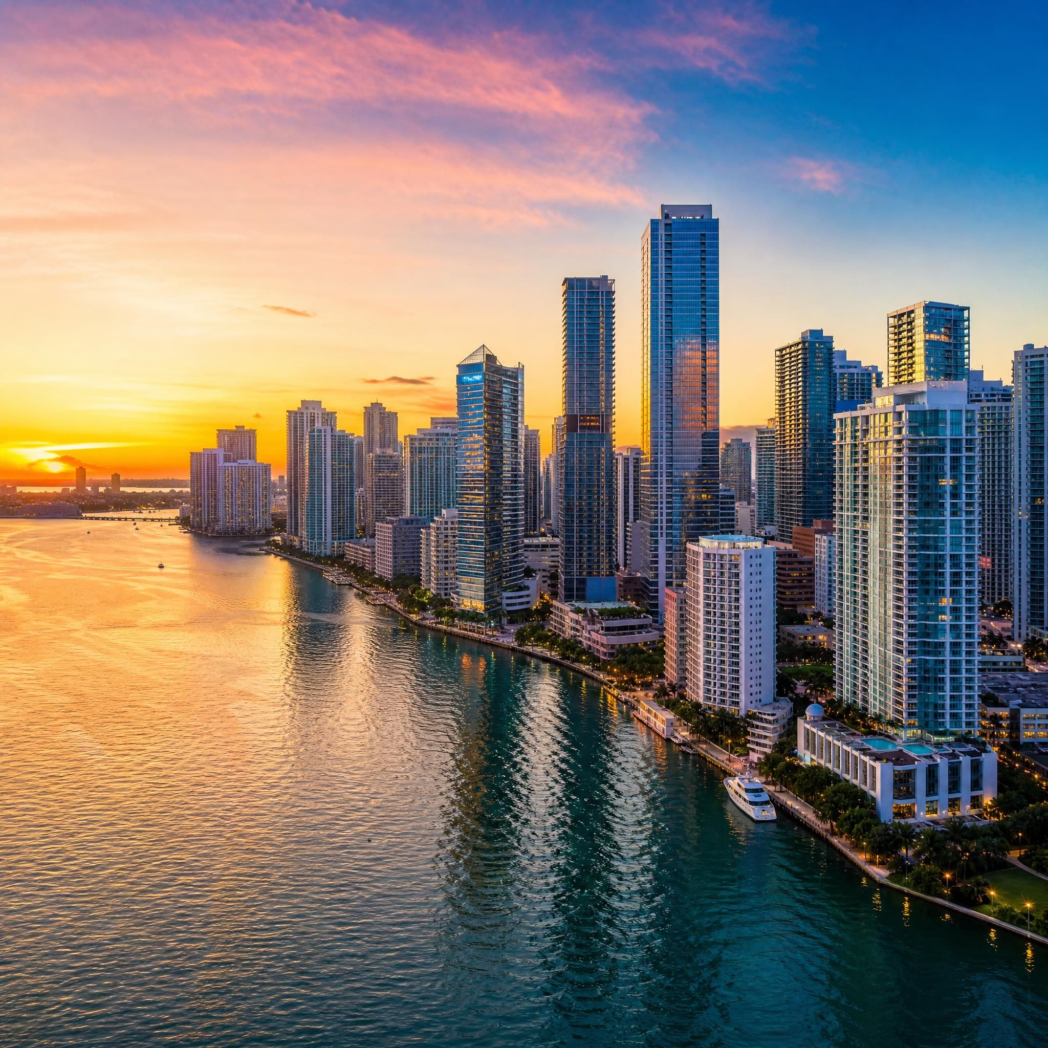 Aerial drone view of Miami's Brickell skyline at sunset with luxury high-rise towers reflecting over Biscayne Bay waterfront
