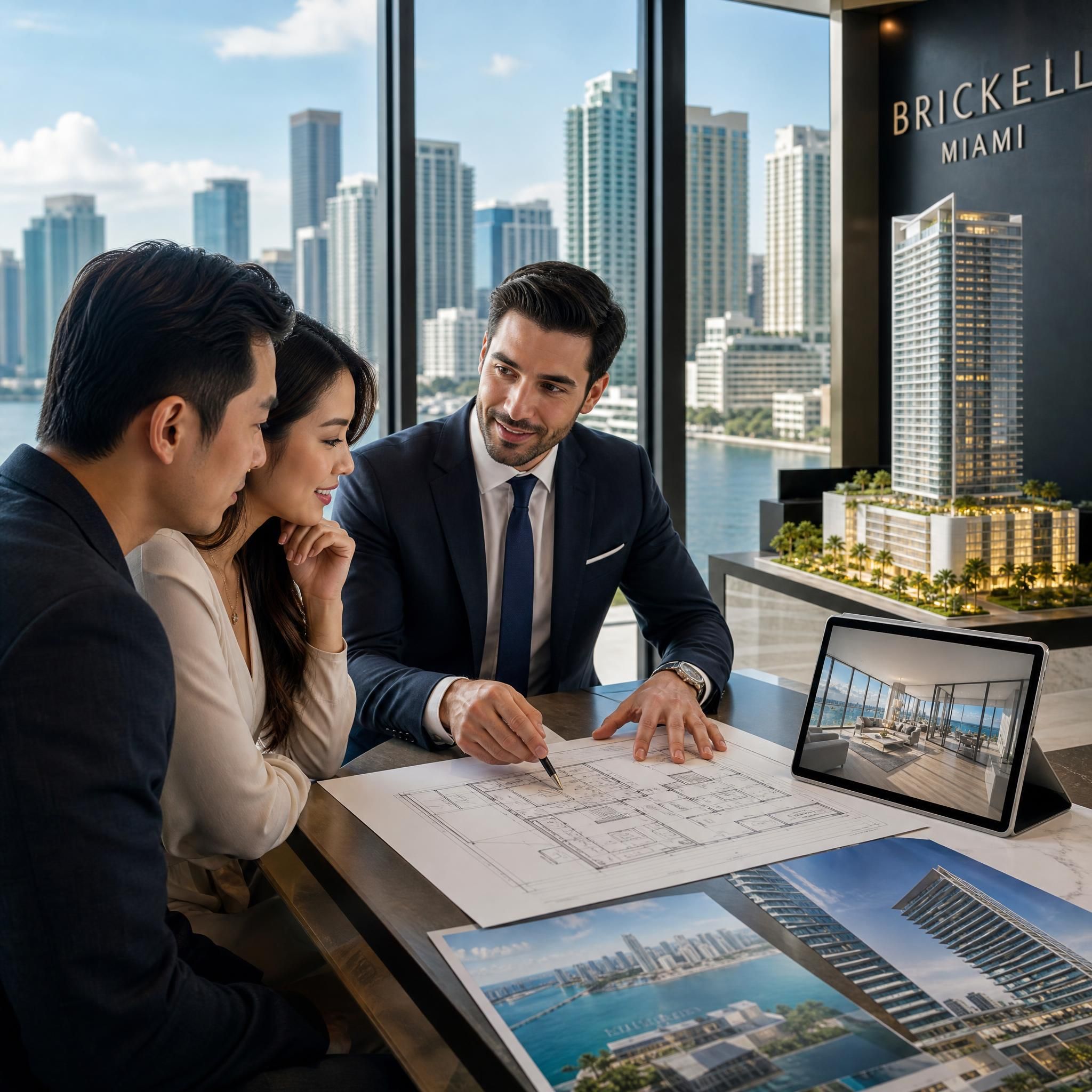 Miami luxury real estate agent showing international buyers architectural plans and 3D renderings in a sleek Brickell sales gallery with city views
