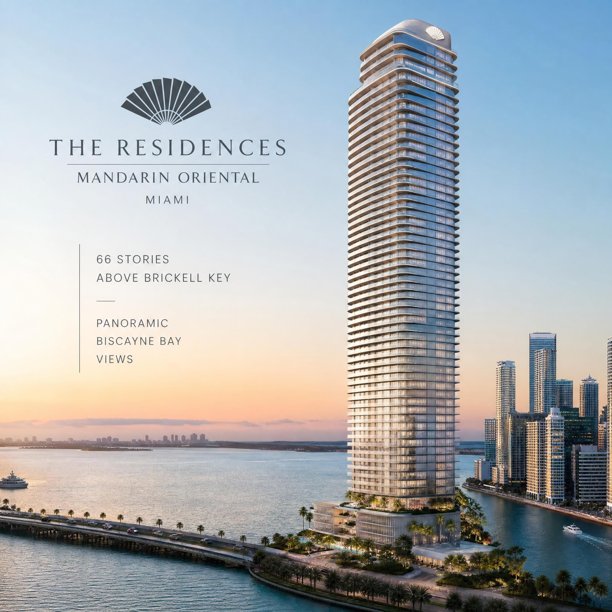 Architectural rendering of The Residences at Mandarin Oriental Miami rising 66 stories above Brickell Key with panoramic Biscayne Bay views