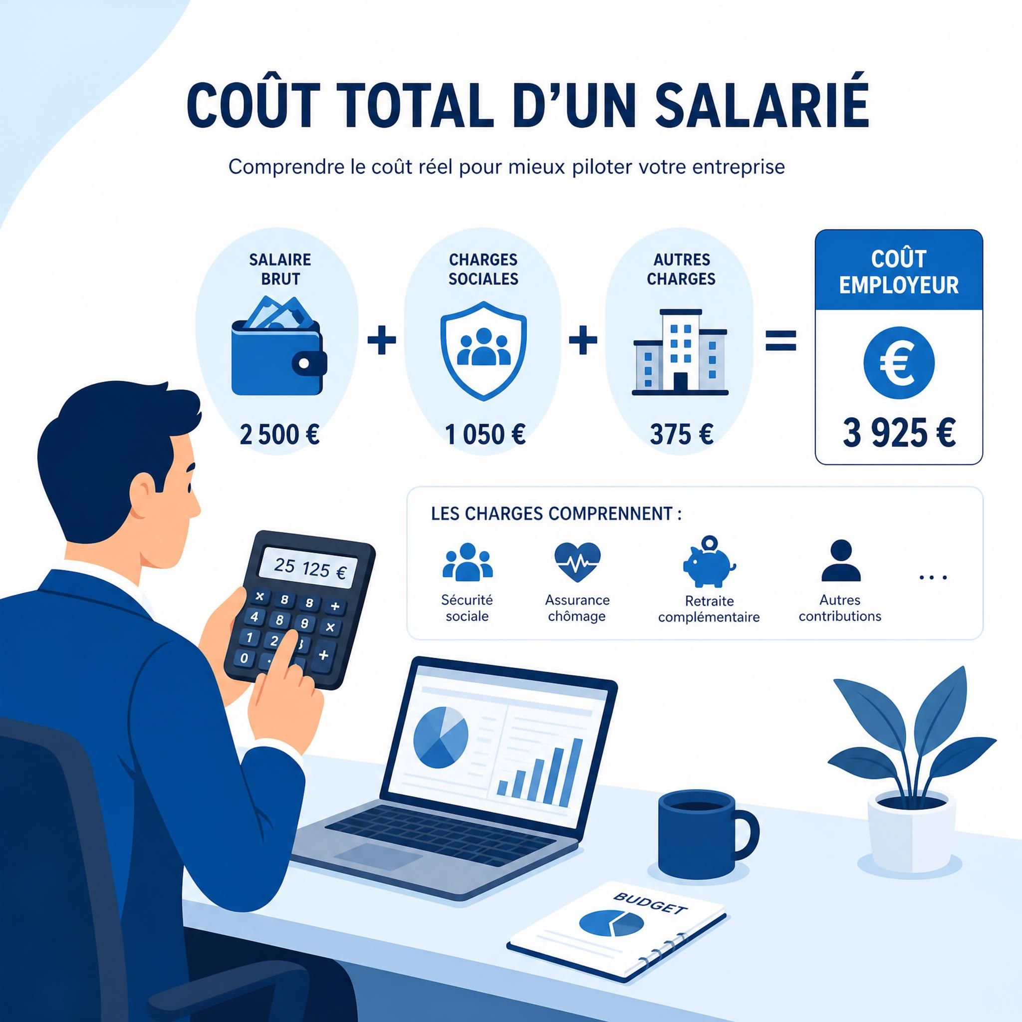 Illustration flat design vectoriel représentant un employeur calculant le coût total d'un salarié avec des icônes de charges, salaire brut, salaire net et coût employeur sur fond bleu et blanc
