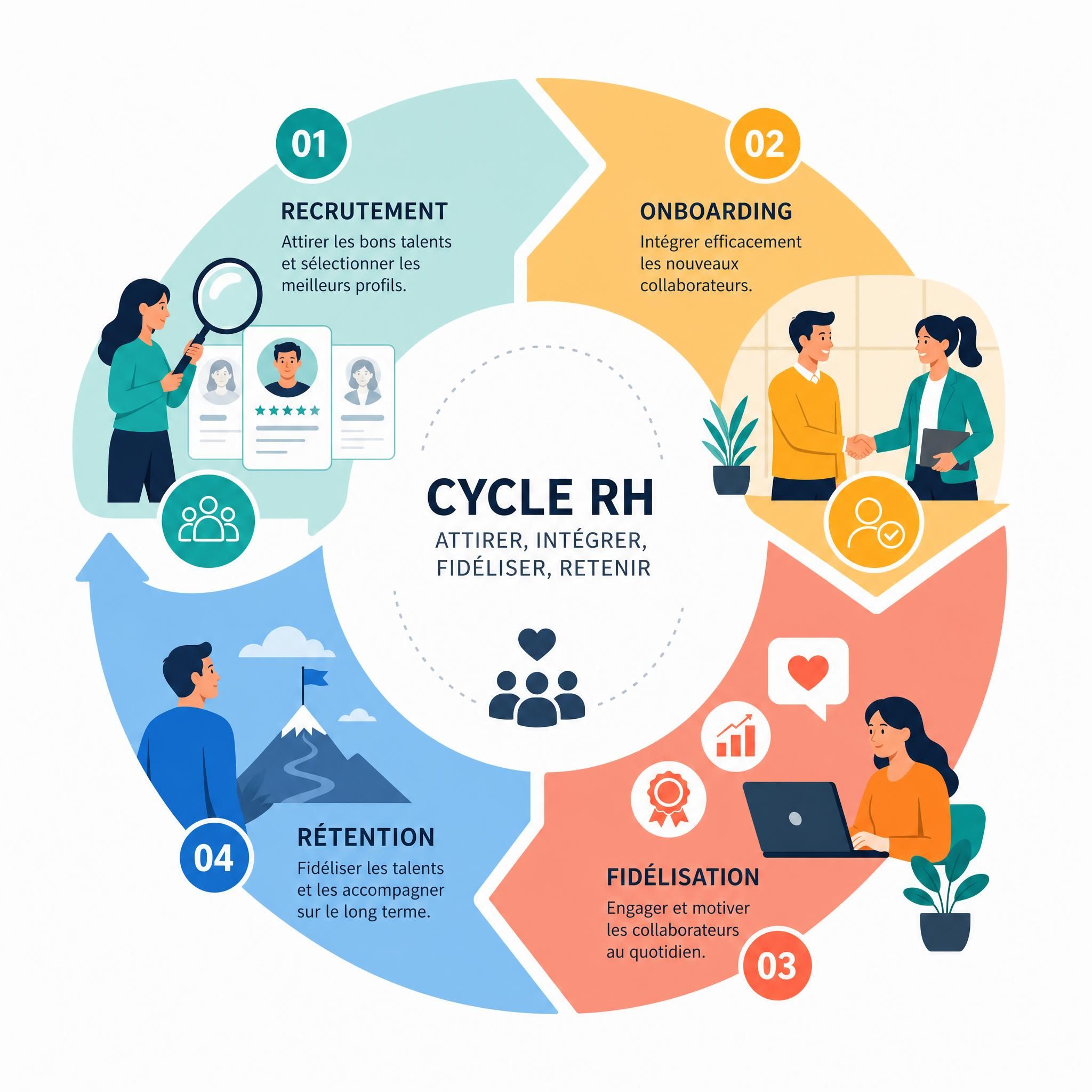 Illustration flat design vectorielle représentant un cycle RH — recrutement, onboarding, fidélisation et rétention des talents en entreprise, style graphique épuré et coloré