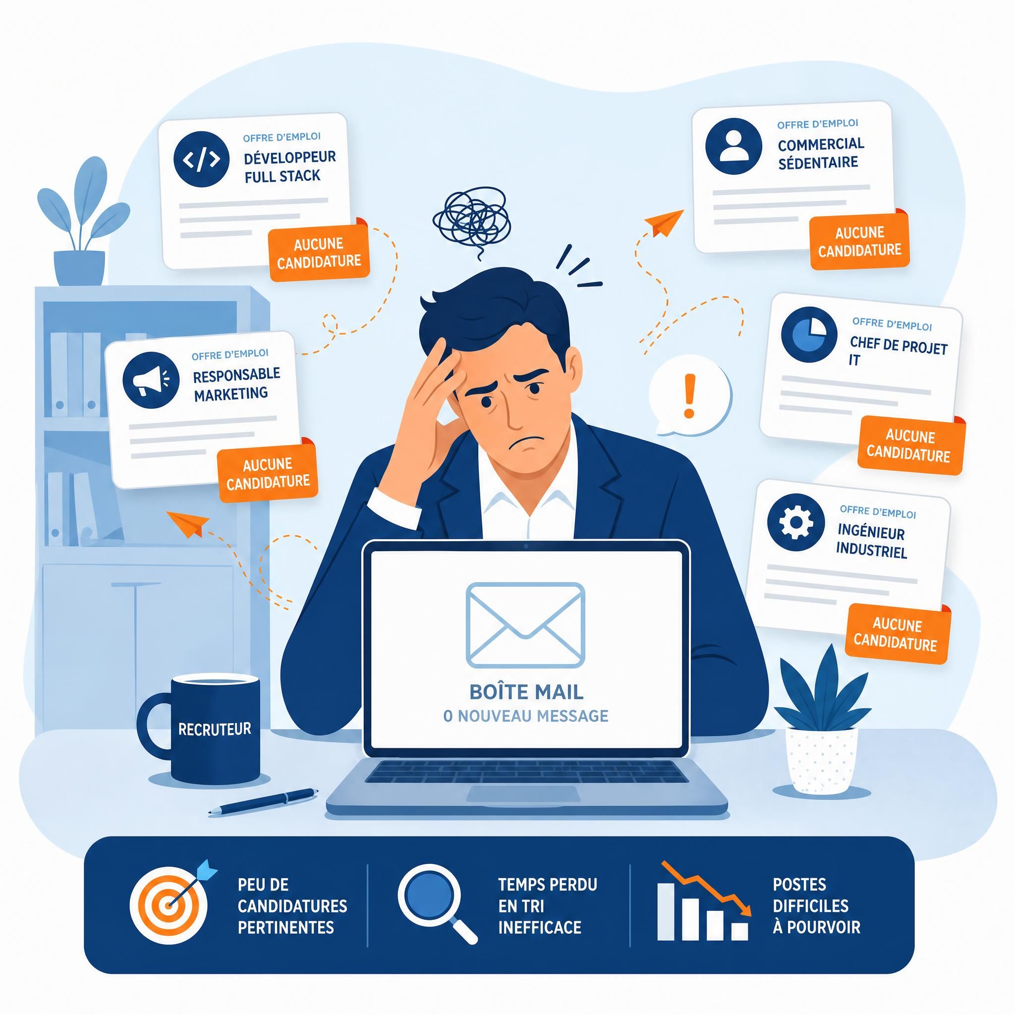 Illustration flat design vectoriel d'un recruteur frustré face à une boîte mail vide, entouré d'offres d'emploi inefficaces — style graphique épuré, couleurs bleu et orange