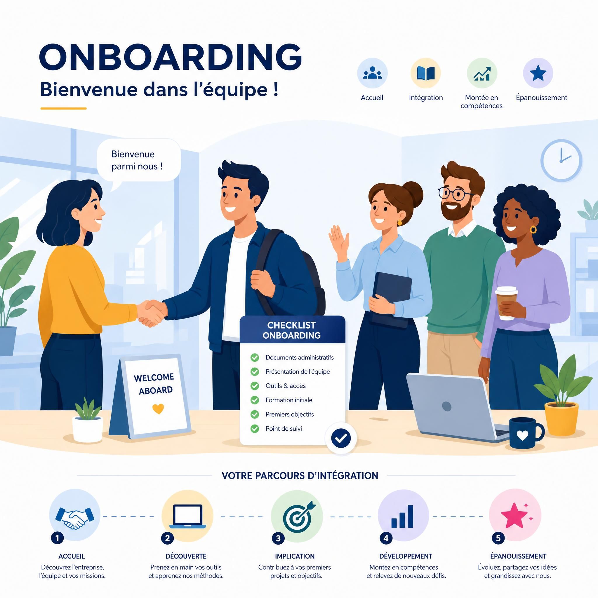 Illustration flat design vectoriel représentant l'onboarding d'un nouveau collaborateur en entreprise — accueil, checklist, équipe souriante, parcours d'intégration structuré