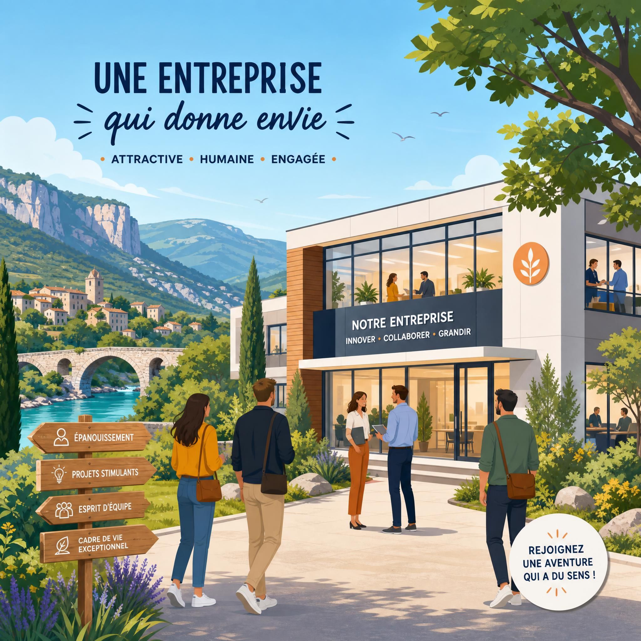 Illustration flat design vectorielle représentant une entreprise attractive avec des candidats autour d'un bâtiment lumineux, ambiance Drôme-Ardèche, style graphique épuré et coloré