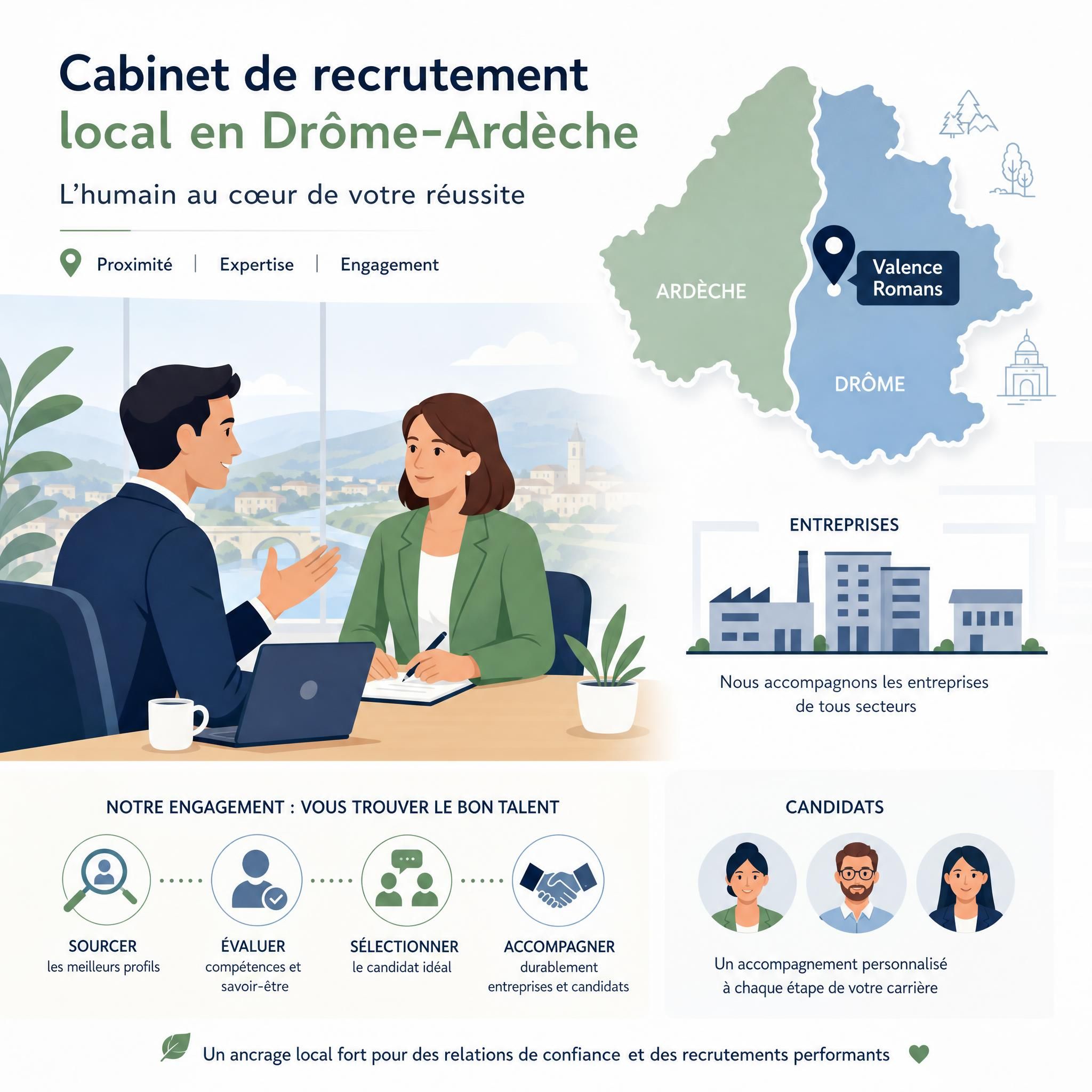 Illustration flat design vectoriel représentant un dirigeant et un cabinet de recrutement local en Drôme-Ardèche, avec des icônes d'entreprises, de candidats et d'une carte de la région Valence-Romans