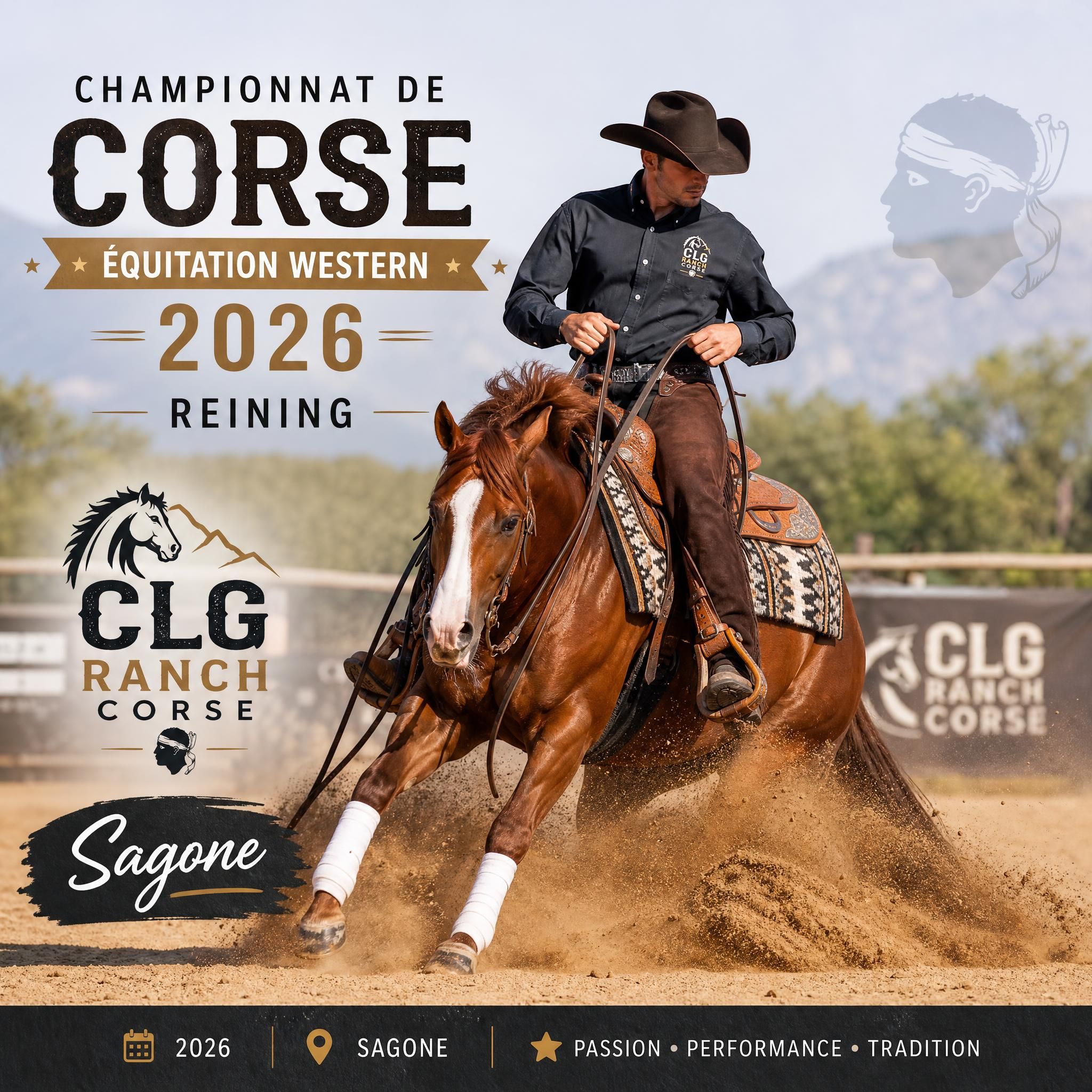 Cavalier en action lors d'une épreuve de reining au Championnat de Corse d'équitation western 2026, CLG Ranch Corse, Sagone