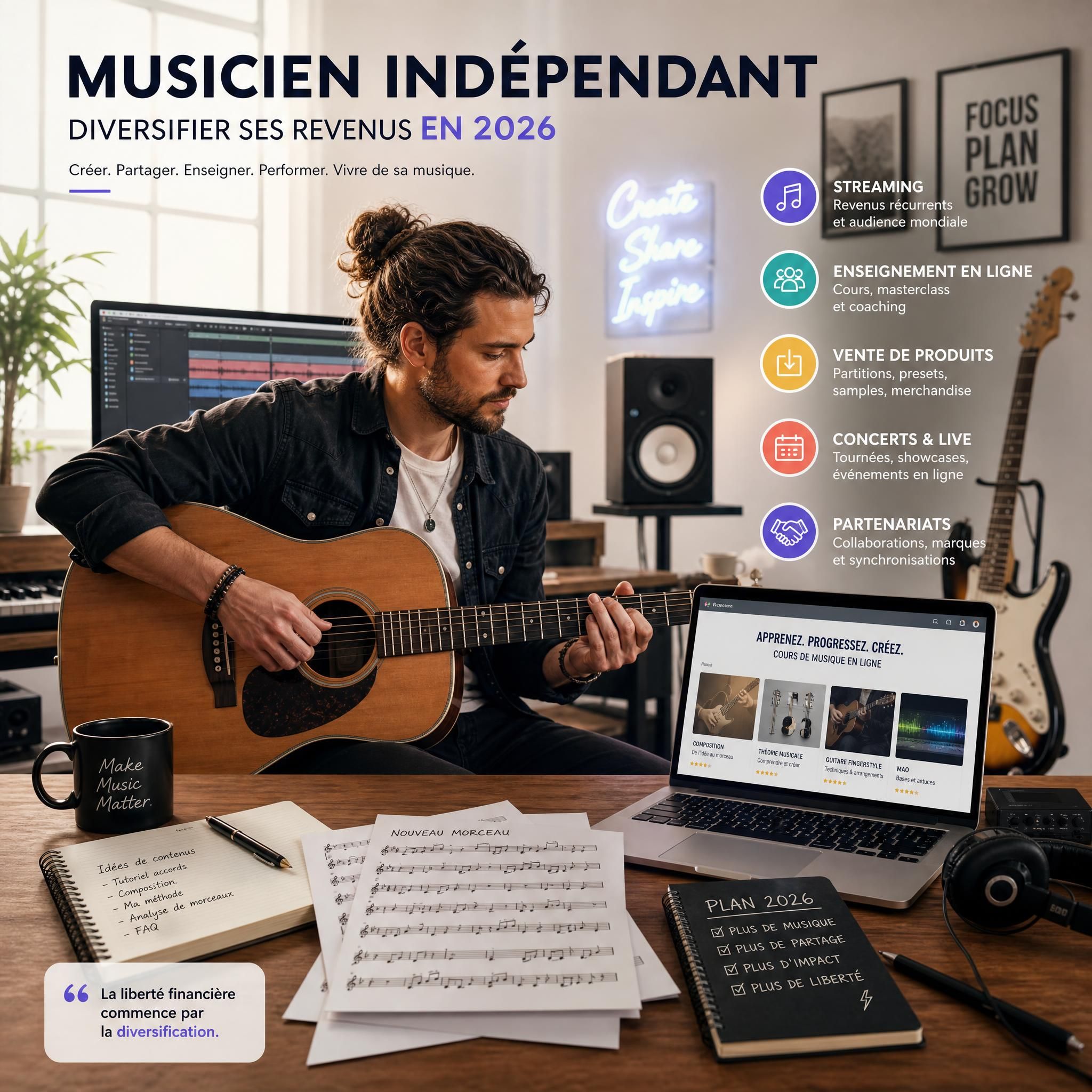 Musicien indépendant jouant de la guitare dans un studio moderne, entouré de partitions et d'un ordinateur portable ouvert sur des plateformes de cours en ligne — illustration de la diversification des revenus musicaux en 2026