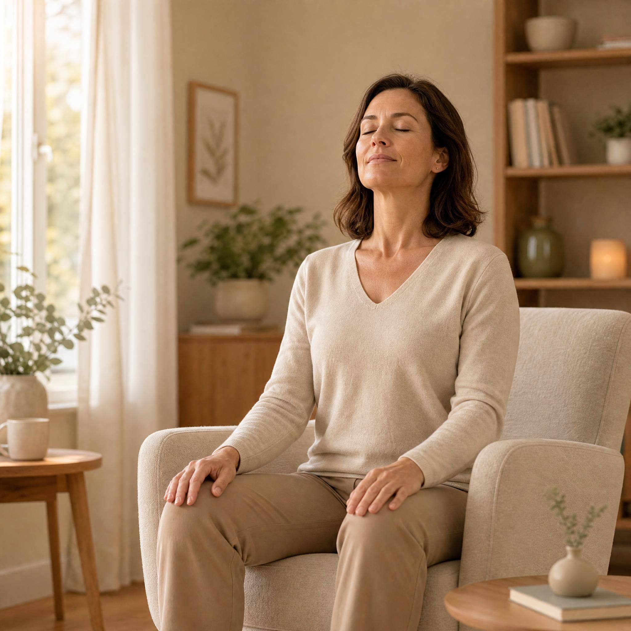 Femme d'environ 40 ans aux yeux fermés, visage serein, assise dans un fauteuil confortable, mains posées sur les genoux, pratiquant un exercice de respiration profonde dans un espace intérieur chaleureux aux tons beige et bois clair, lumière naturelle douce