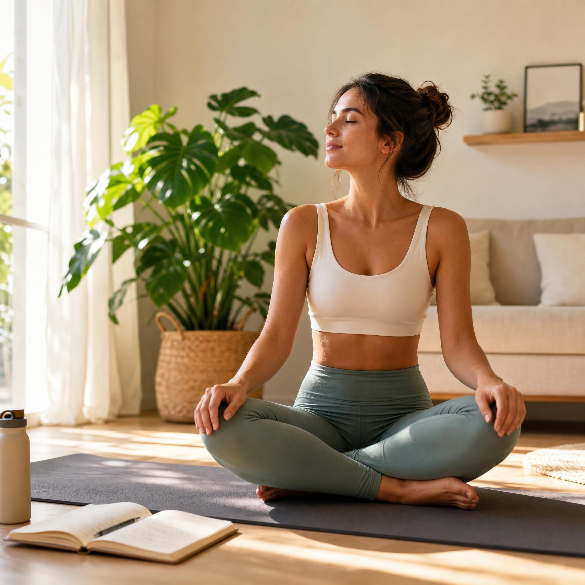 Femme sereine assise en tailleur sur un tapis de yoga dans un salon lumineux, carnet ouvert à côté d'elle, plante verte en arrière-plan, ambiance matinale douce et apaisante