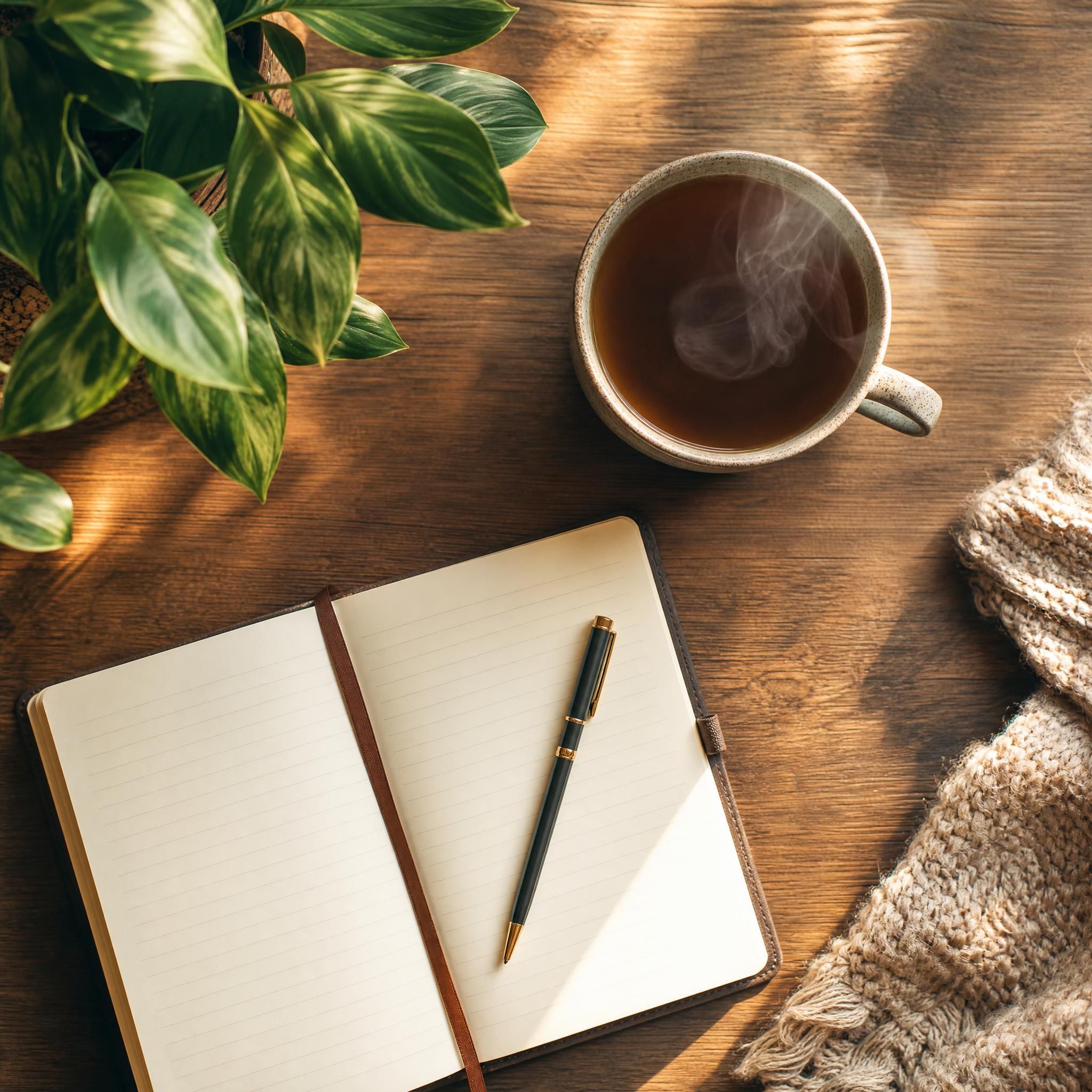 Vue de dessus d'une tasse de thé fumante posée sur une table en bois, à côté d'un carnet ouvert et d'une plante verte, lumière dorée naturelle, ambiance cocooning et introspective