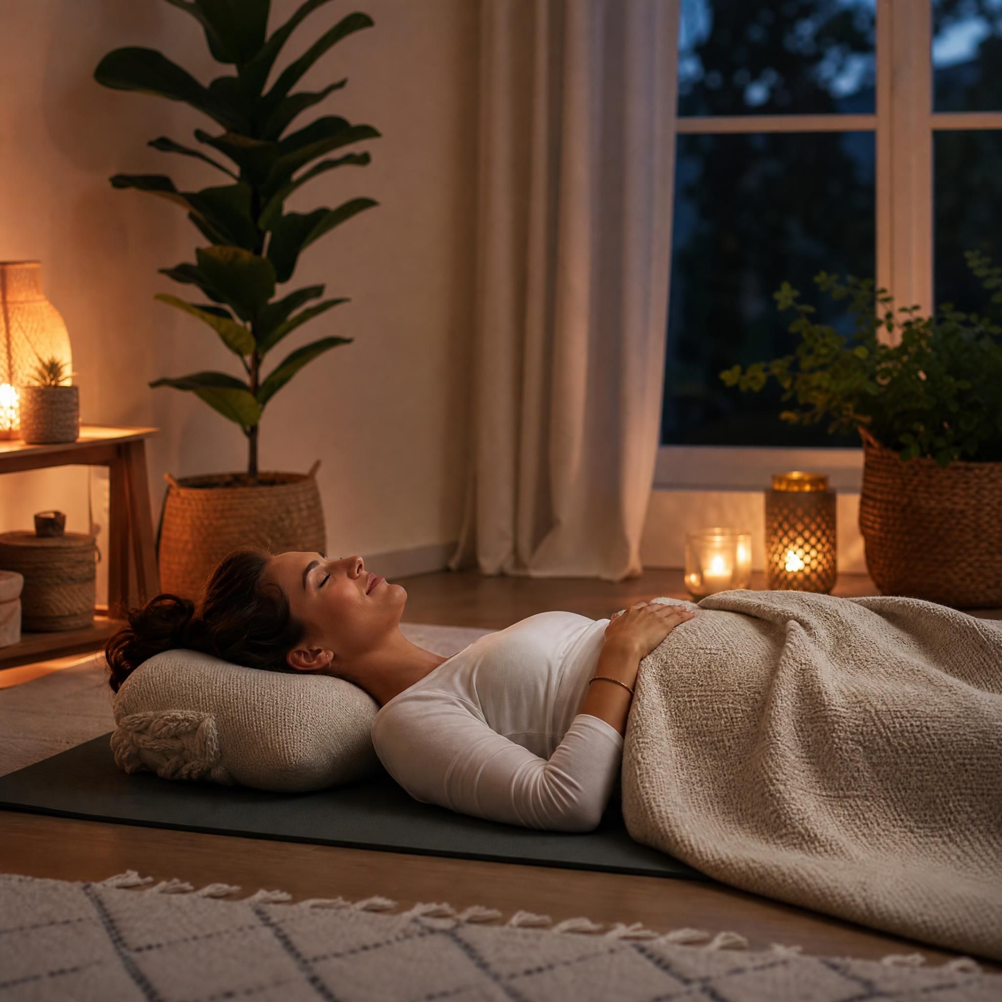 Femme sereine en train de s'installer pour une pratique de relaxation du soir — allongée sur un tapis dans une pièce tamisée, lumière douce, couverture légère, atmosphère de sécurité et de douceur intérieure