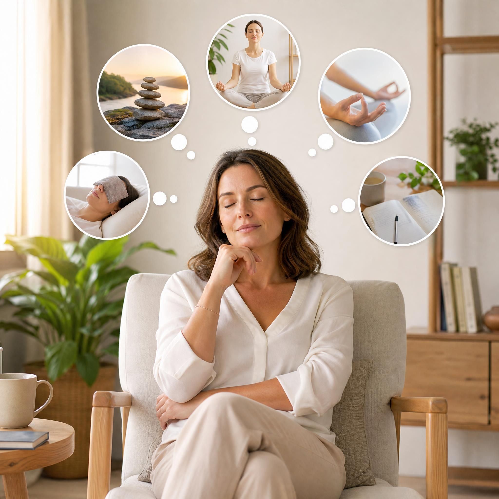 Femme d'environ 40 ans assise dans un fauteuil lumineux aux tons beige et bois clair, les yeux fermés, en train de comparer mentalement différentes techniques de relaxation — ambiance sereine, lumière naturelle douce, plante verte en arrière-plan
