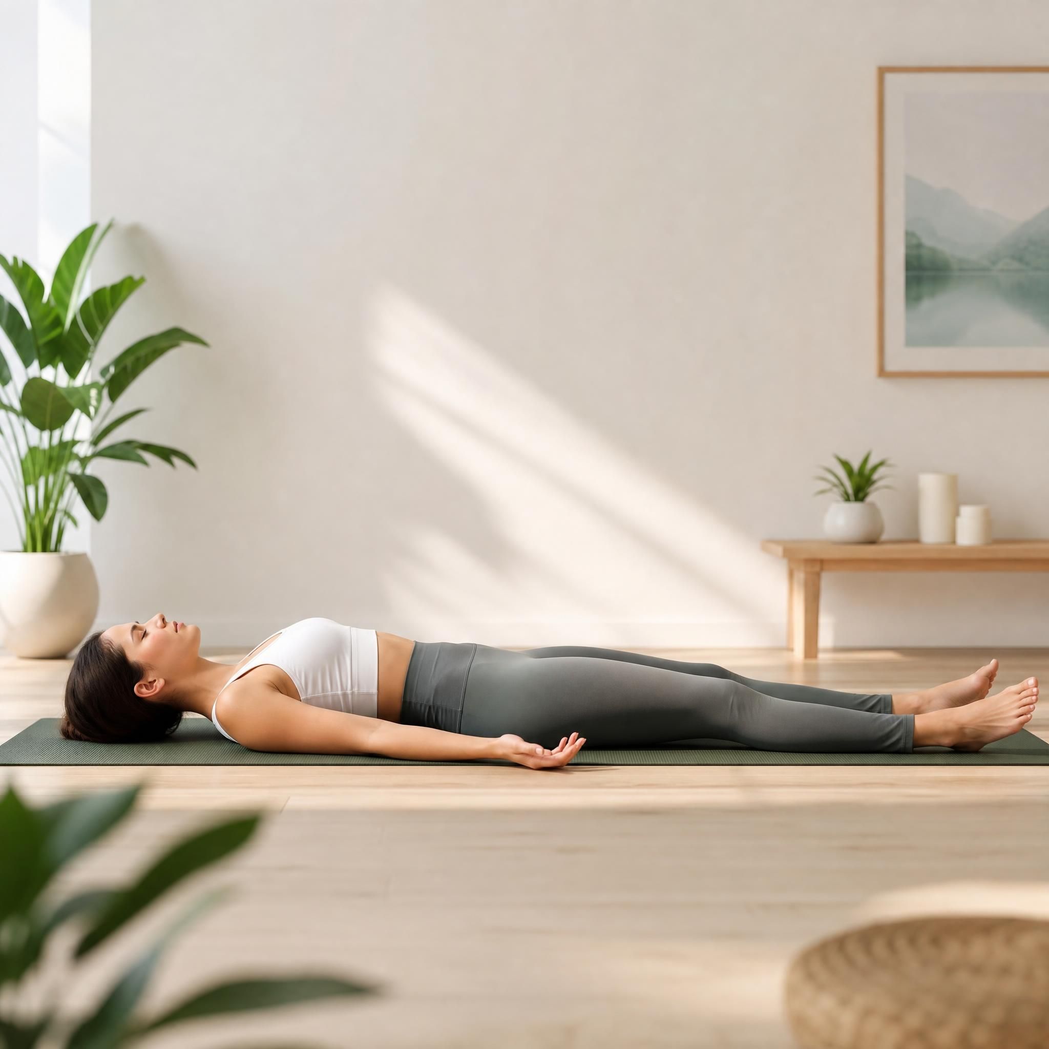 femme allongée sur un tapis de yoga dans un espace lumineux et épuré, yeux fermés, posture détendue évoquant le scan corporel et la relaxation profonde