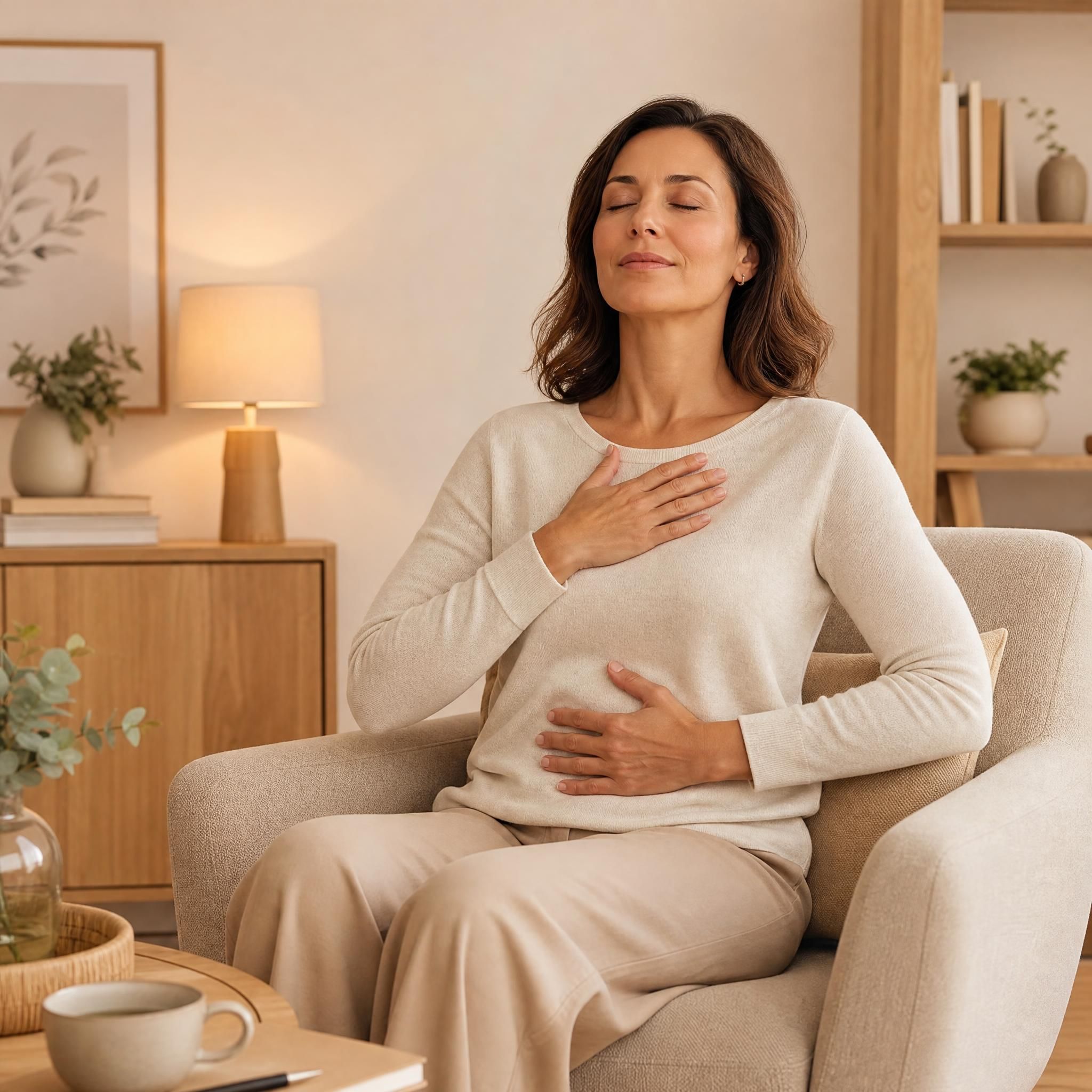 Femme d'environ 40 ans, yeux fermés, visage serein, assise confortablement dans un fauteuil, pratiquant un exercice de respiration profonde dans un espace intérieur chaleureux aux tons beige et bois clair