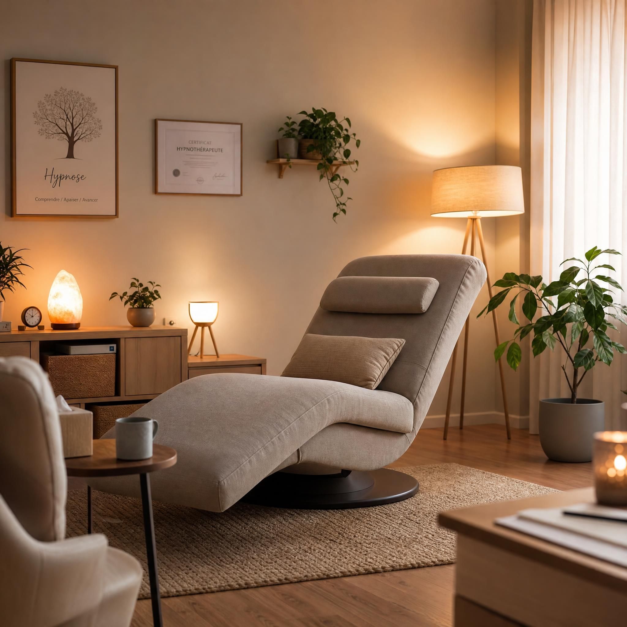 Espace de soin chaleureux et professionnel, fauteuil confortable, lumière tamisée dorée, plante verte, ambiance apaisante d'un cabinet d'hypnothérapie bienveillant