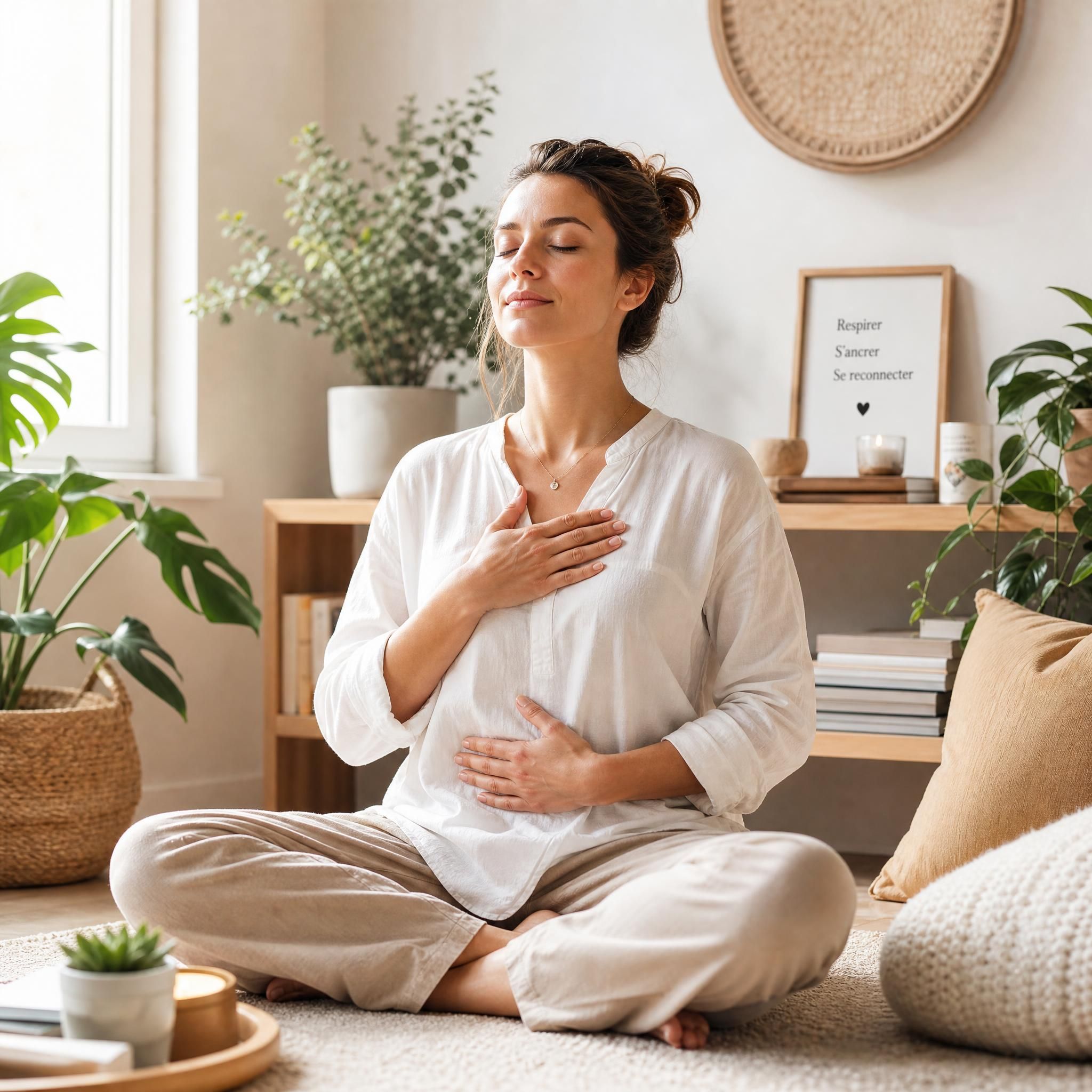 illustration apaisante d'une femme pratiquant la respiration consciente, lumière naturelle douce, cadre intérieur chaleureux aux tons neutres et végétaux