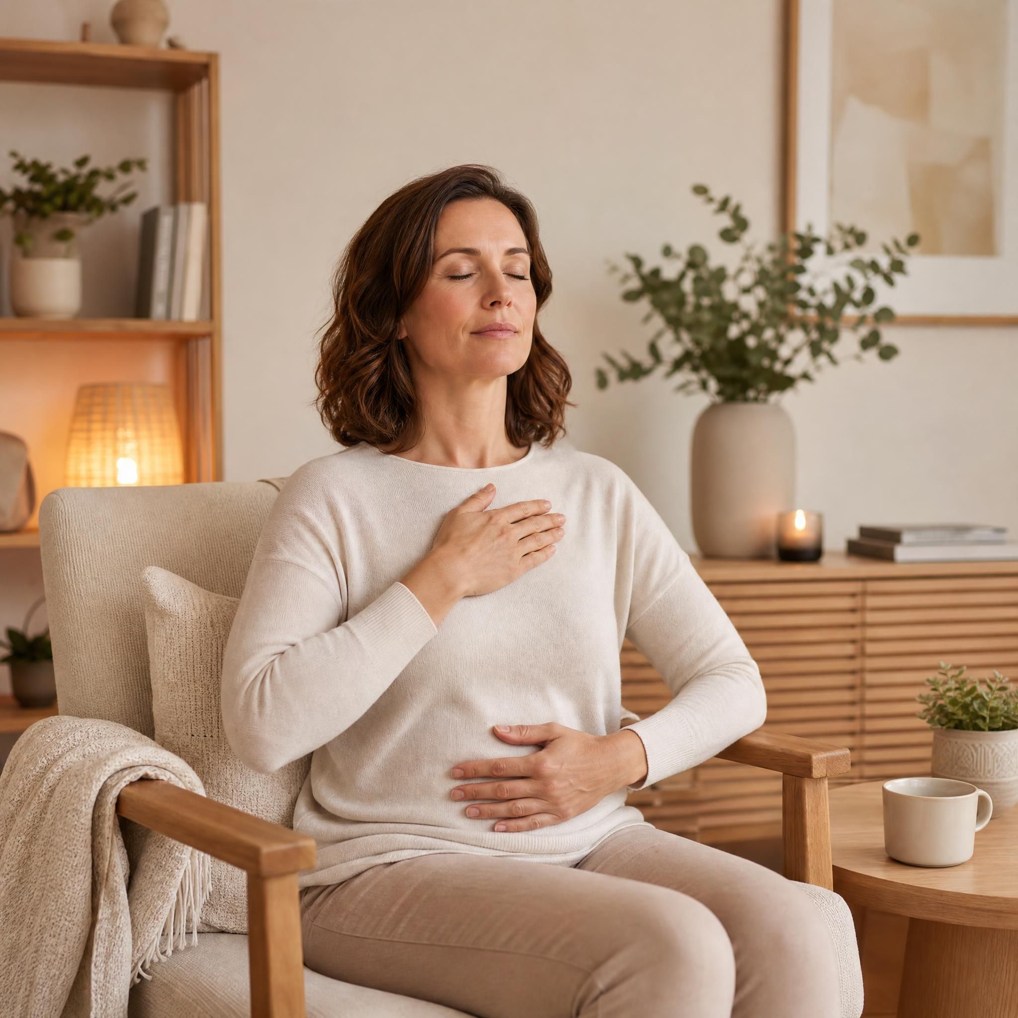 femme d'environ 40 ans, yeux fermés, visage serein, assise dans un fauteuil confortable, pratiquant un exercice de respiration profonde dans un espace chaleureux aux tons beige et bois clair