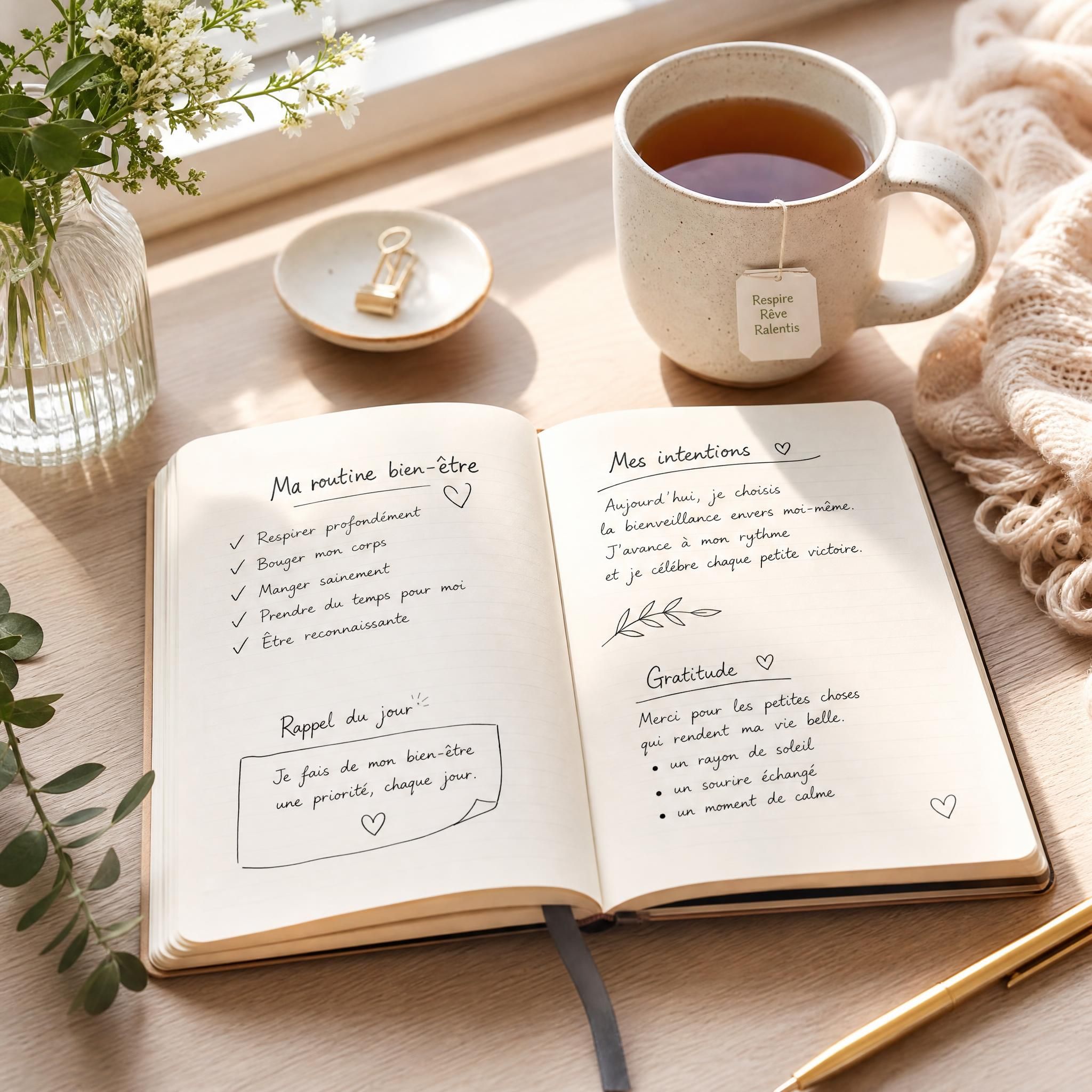 carnet ouvert avec des notes manuscrites bienveillantes, une tasse de thé, ambiance douce et matinale évoquant le rituel de bien-être quotidien et l'autonomie