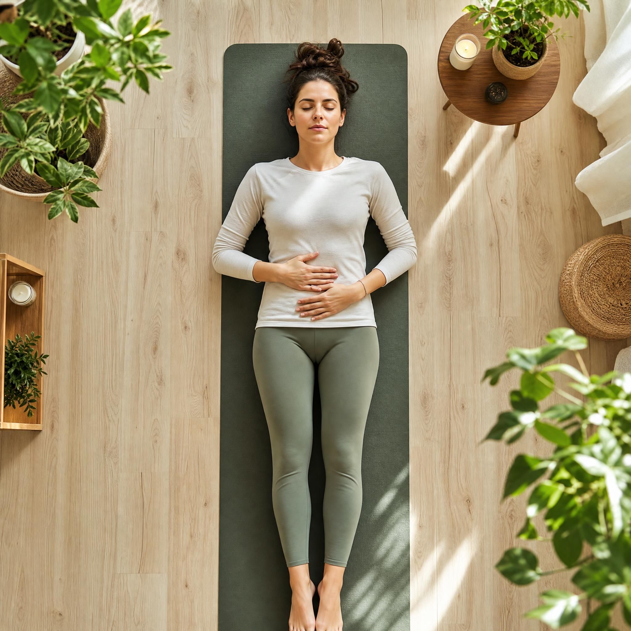 Vue de dessus d'une femme allongée sur un tapis de yoga dans une pièce lumineuse, mains posées sur le ventre, en train de pratiquer un scan corporel doux, ambiance sereine et naturelle