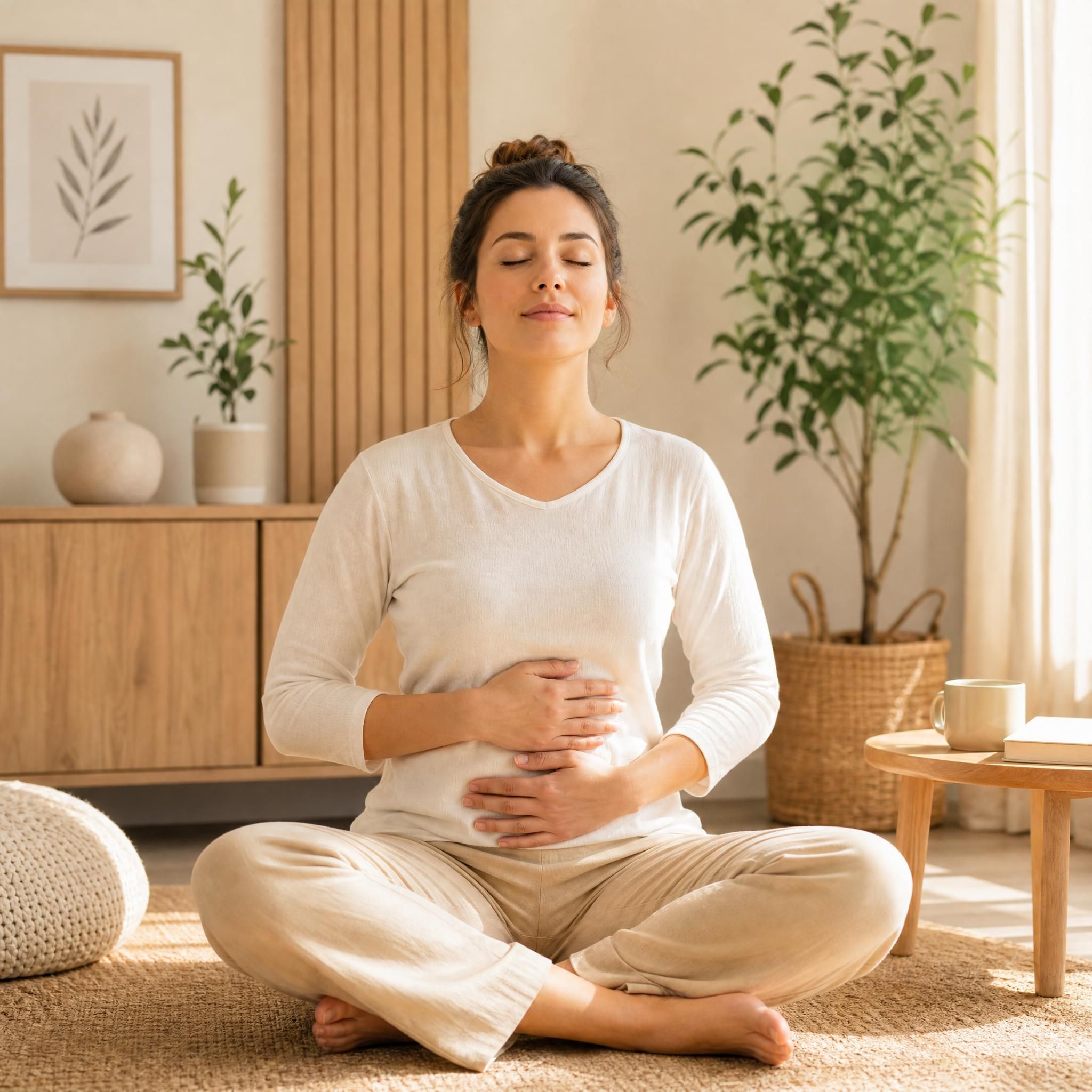 Femme en position de relaxation profonde, yeux fermés, mains posées sur le ventre, dans un espace lumineux et apaisant aux tons beige et bois clair