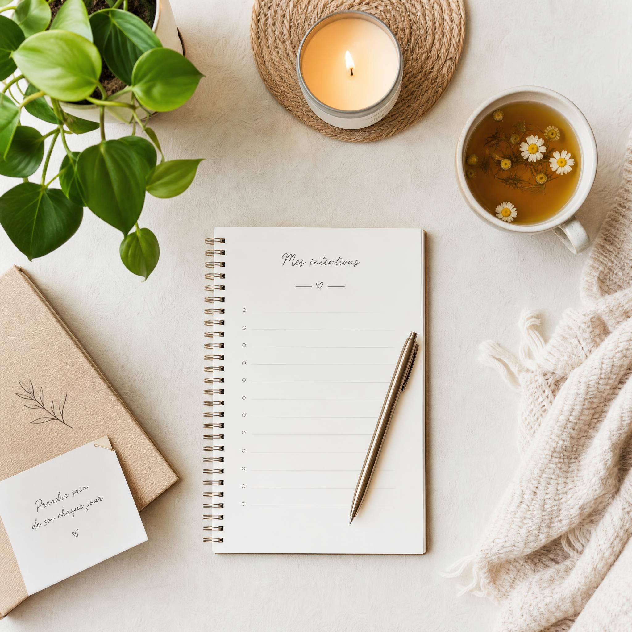 Vue de dessus d'un espace de pratique bien-être minimaliste : carnet, stylo, plante verte, bougie, tasse de tisane — ambiance cocooning et sérénité
