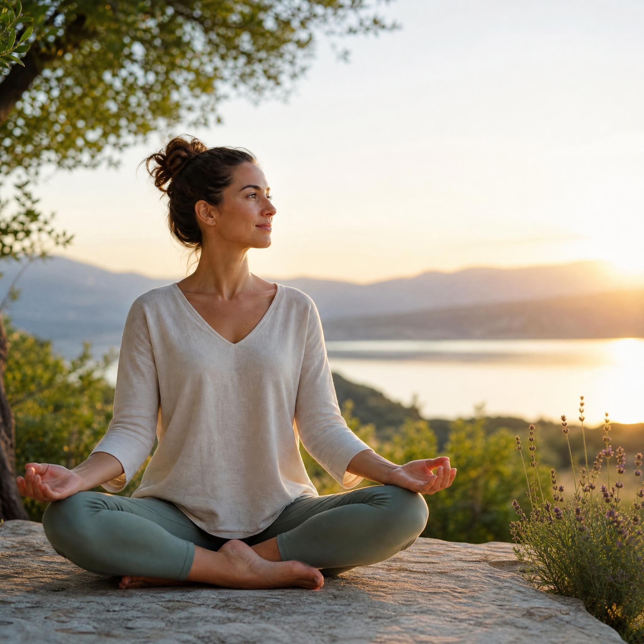 Femme assise en tailleur dans un espace naturel lumineux, mains posées sur les genoux, regard paisible vers l'horizon, symbolisant l'ancrage et la stabilité intérieure