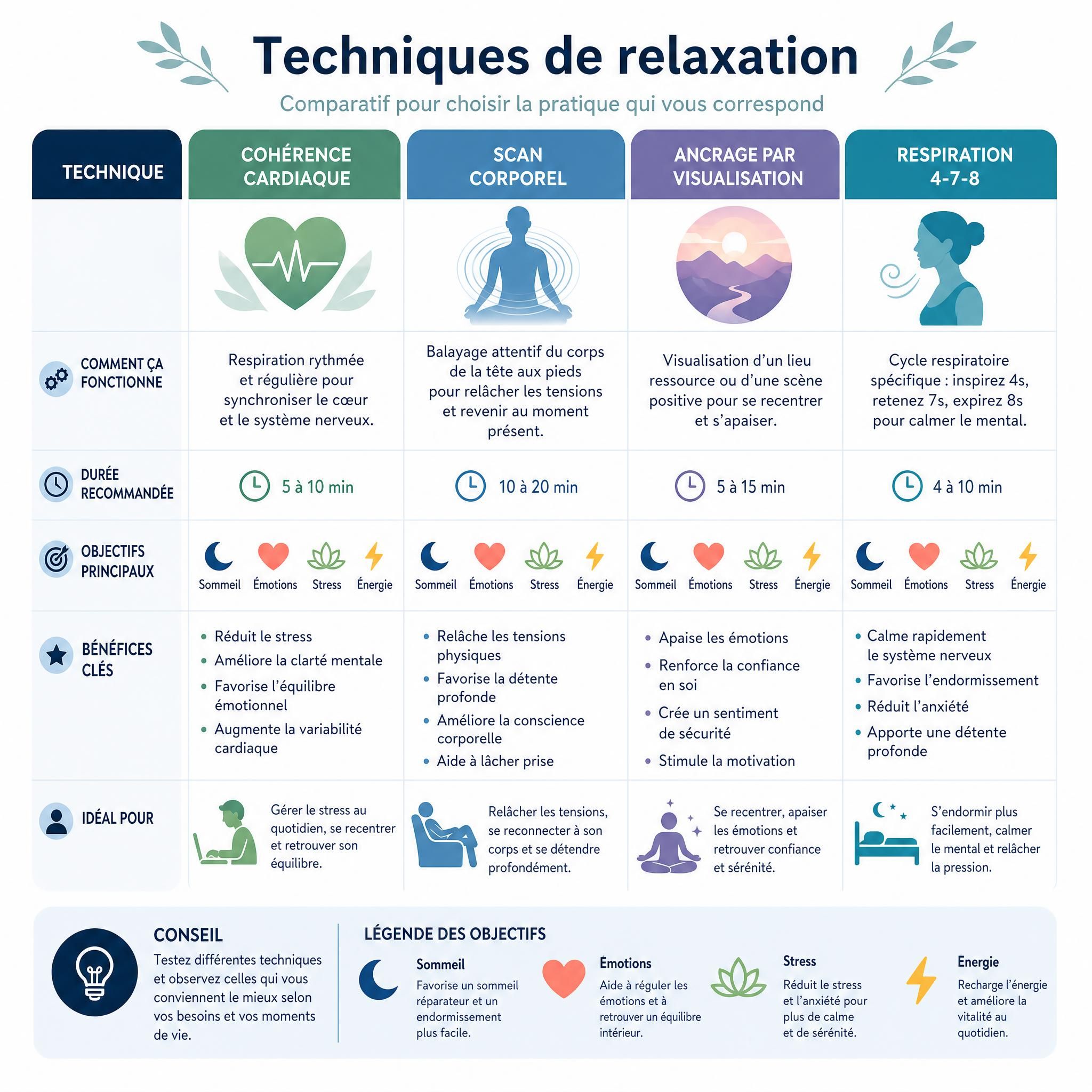 Tableau comparatif illustré des techniques de relaxation — cohérence cardiaque, scan corporel, ancrage par visualisation, respiration 4-7-8 — avec des icônes claires pour chaque objectif (sommeil, émotions, stress, énergie)