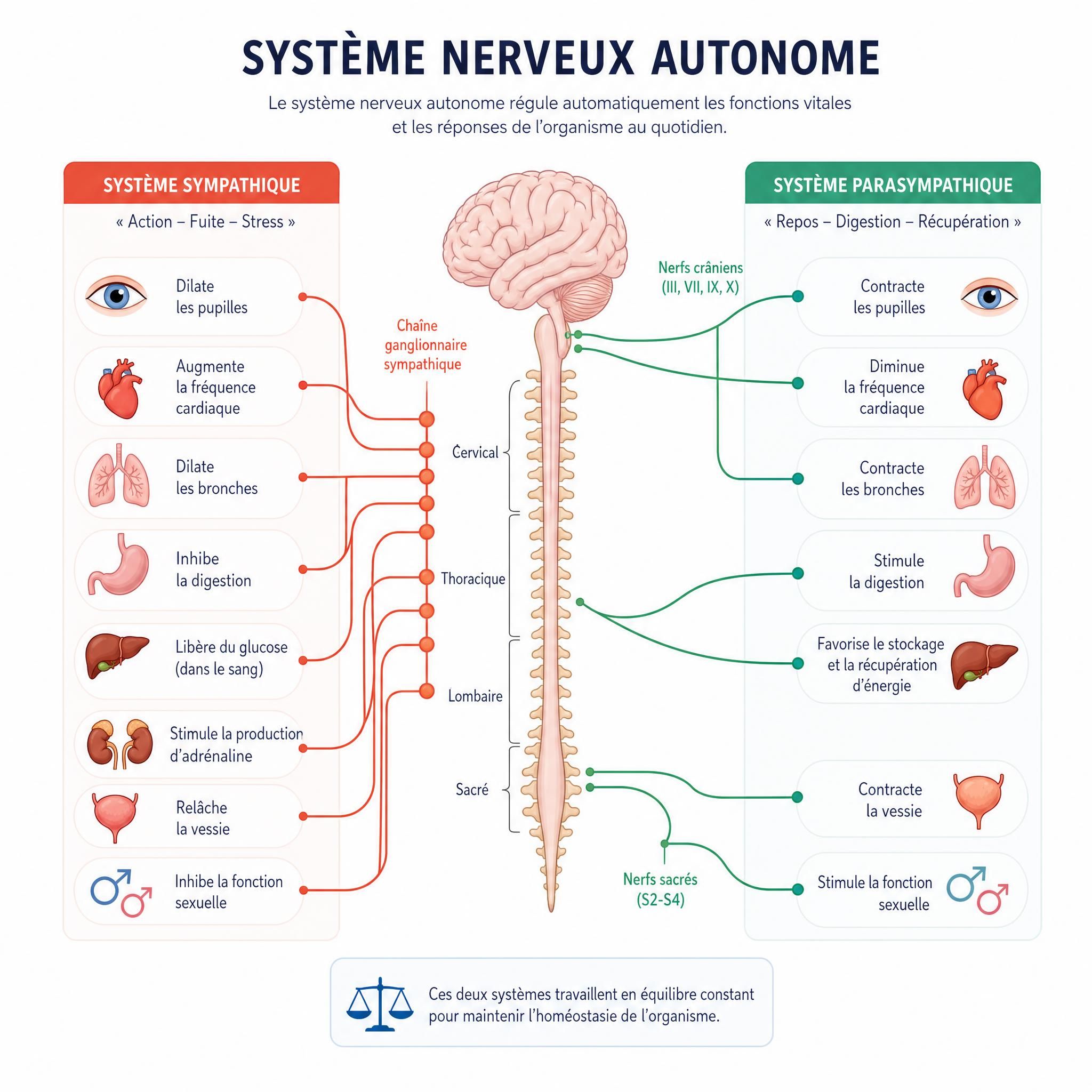 Illustration schématique du système nerveux autonome avec les deux branches sympathique et parasympathique, dans un style graphique épuré et pédagogique
