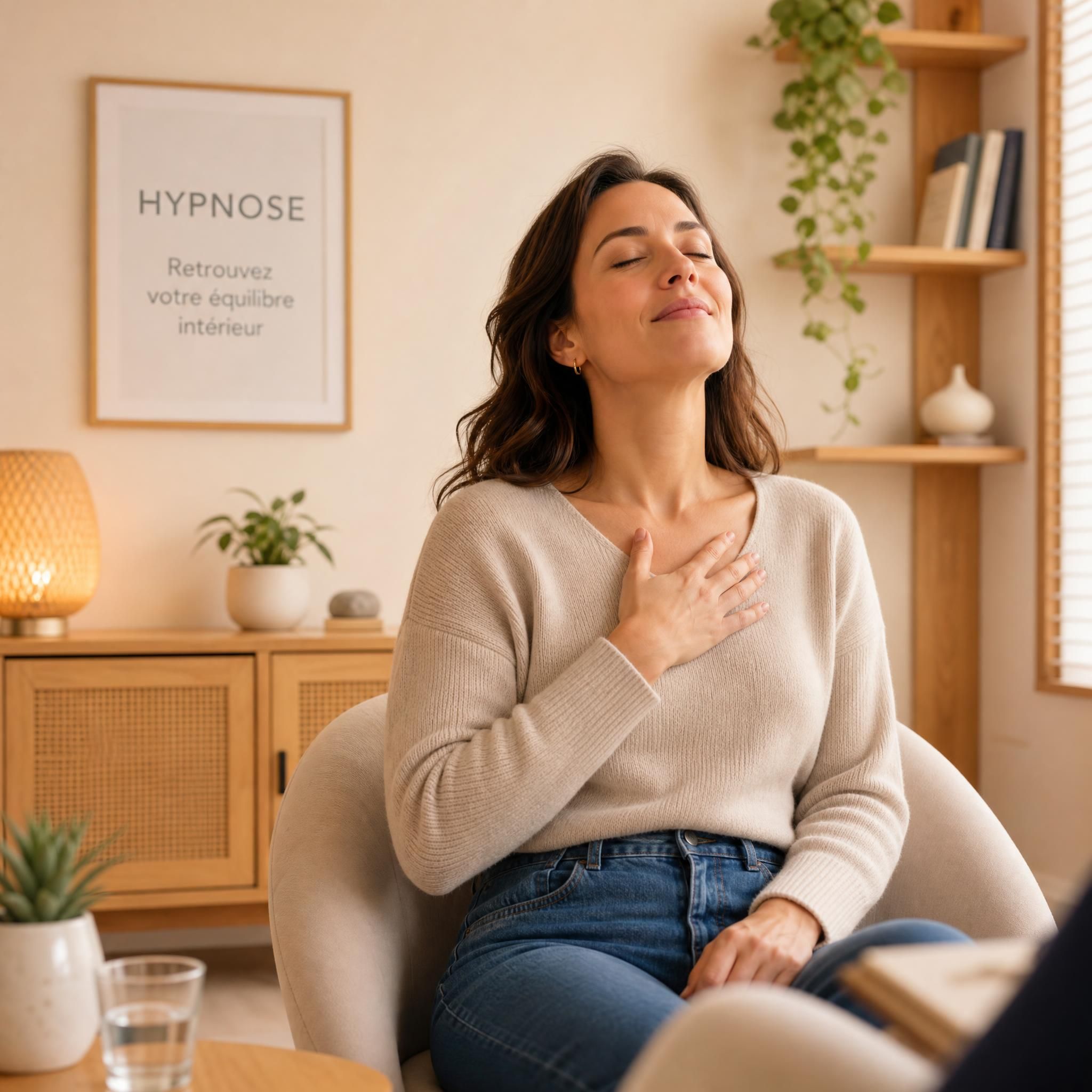Femme d'une trentaine d'années, sereine, qui pose la main sur sa poitrine, yeux mi-clos, expression de soulagement profond, dans un cabinet d'hypnose chaleureux aux tons beige et bois clair