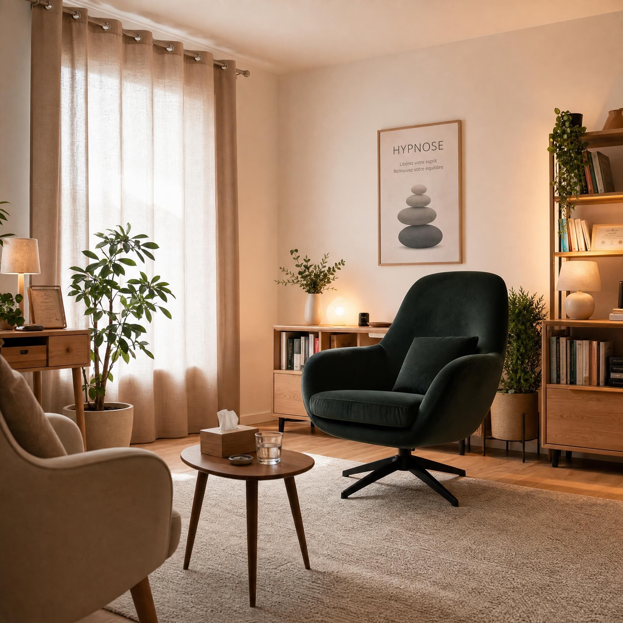 Cabinet d'hypnose moderne et chaleureux, fauteuil confortable en velours doux, plantes vertes, lumière naturelle filtrée par des rideaux beige, ambiance apaisante et professionnelle, plan large
