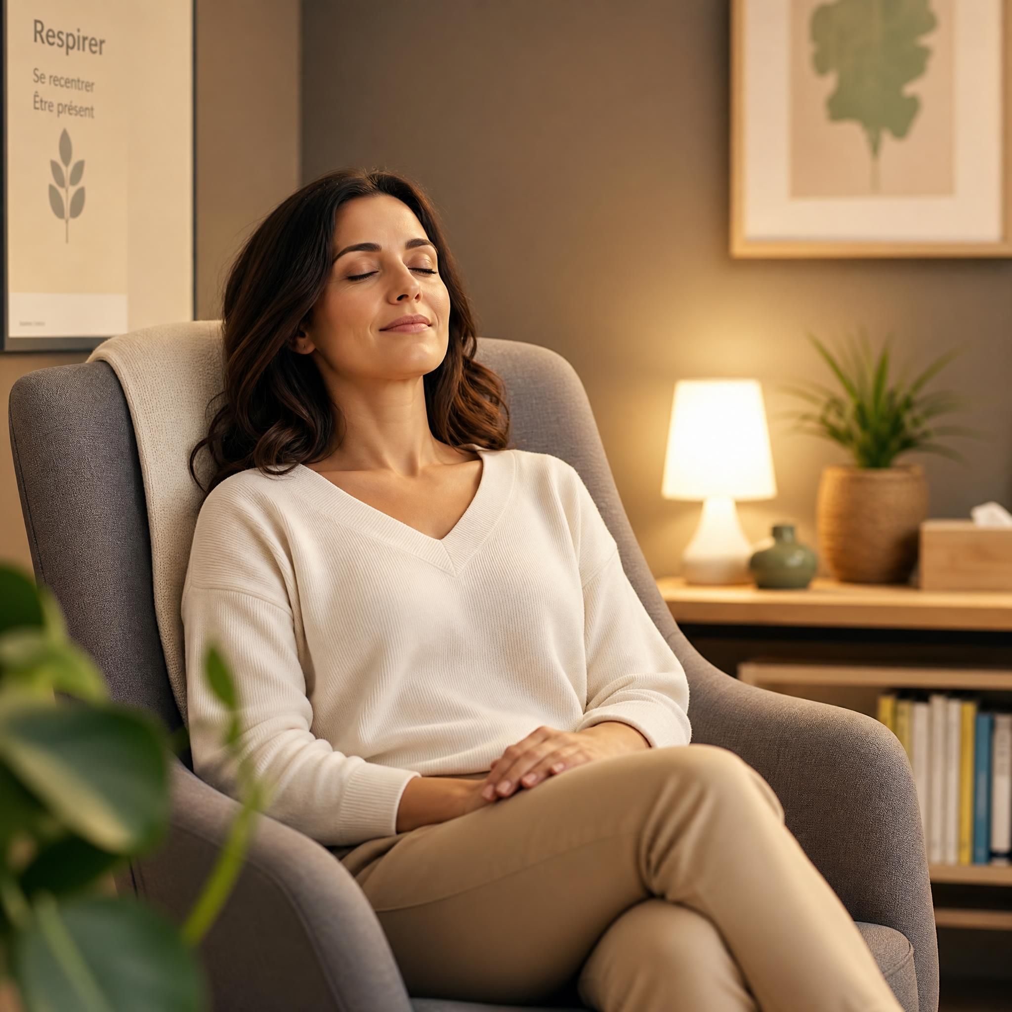 Femme en état de détente profonde dans un fauteuil confortable, yeux fermés, expression sereine et apaisée, mains posées sur les genoux, lumière douce et chaude, plan moyen, ambiance de cabinet thérapeutique bienveillant