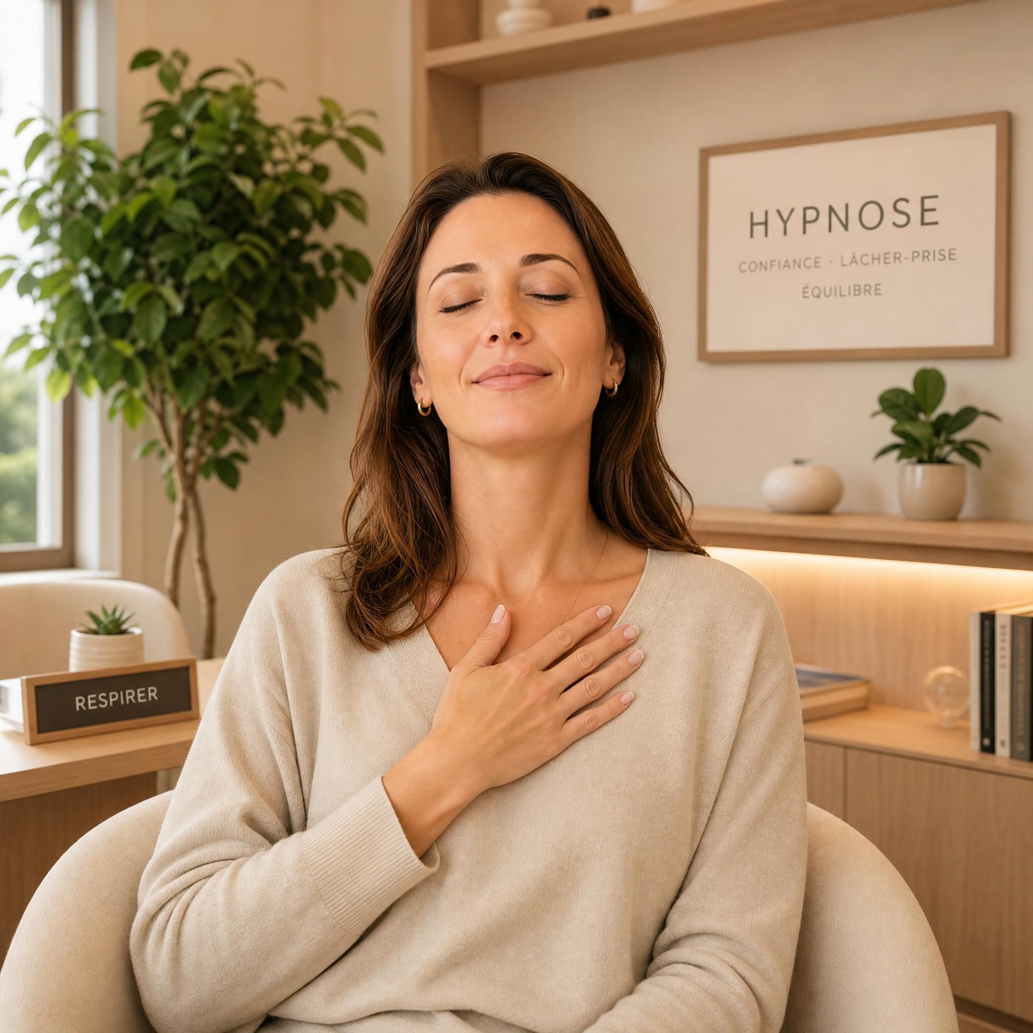 Femme d'une trentaine d'années, sereine, qui pose la main sur sa poitrine, yeux mi-clos, expression de soulagement profond, dans un cabinet d'hypnose moderne aux tons beige et bois clair, lumière naturelle douce