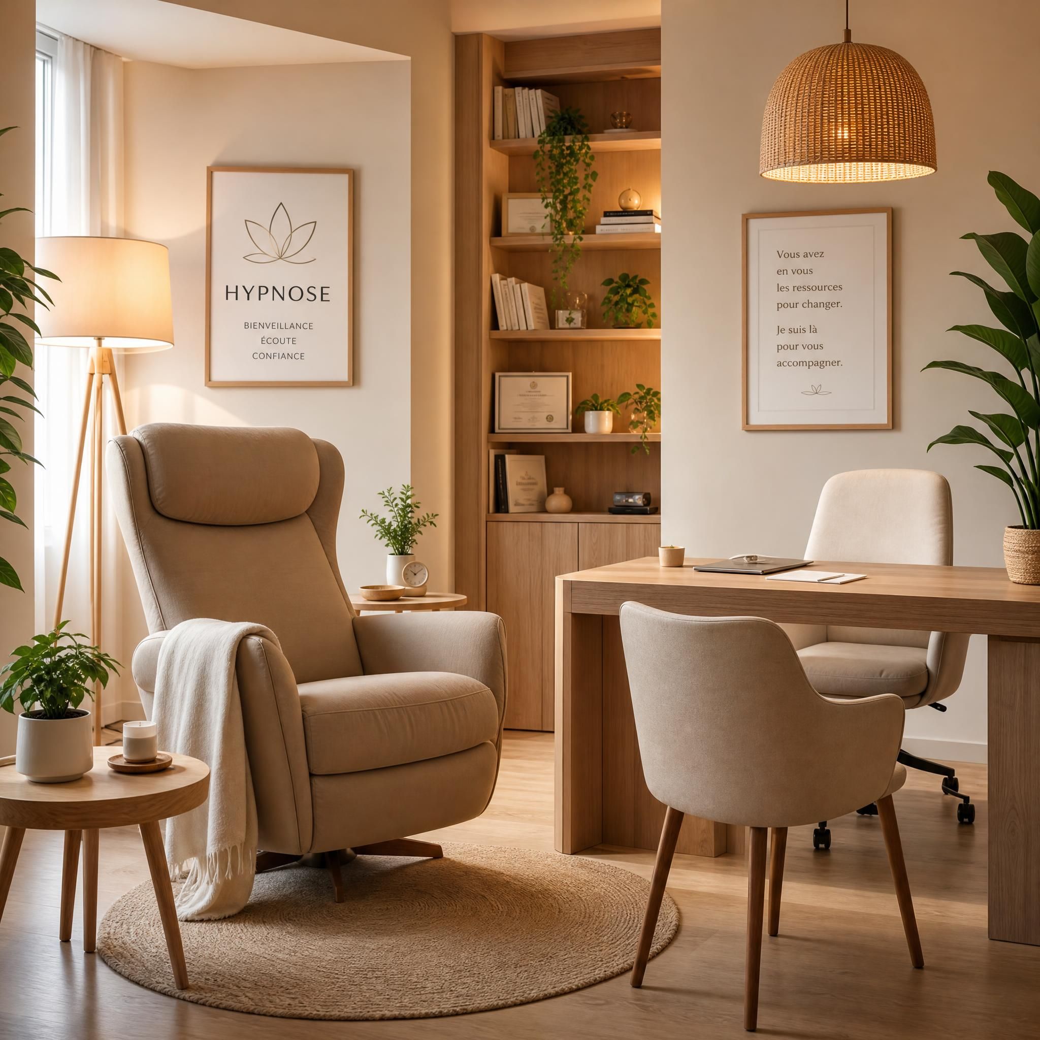 Plan large d'un cabinet d'hypnose chaleureux aux tons beige et bois clair, fauteuil confortable, plantes vertes, lumière naturelle douce, ambiance de confiance et de bienveillance