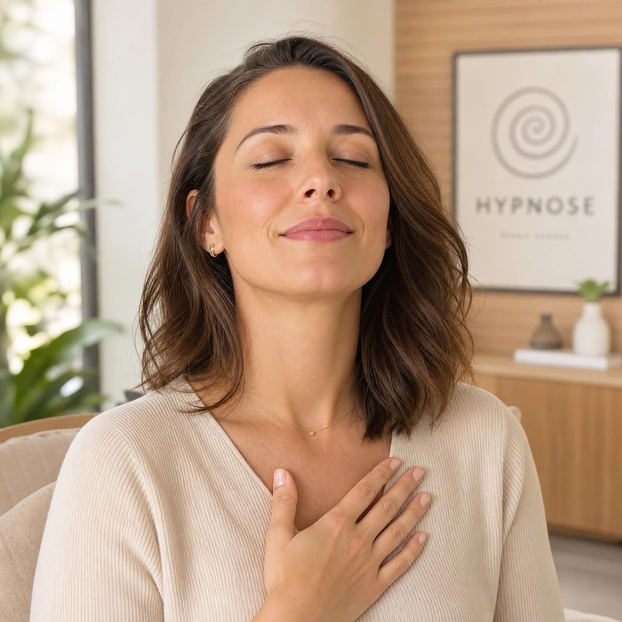 Femme d'une trentaine d'années, sereine, posant la main sur sa poitrine, yeux mi-clos, expression de soulagement profond, dans un cabinet d'hypnose moderne aux tons beige et bois clair, lumière naturelle douce — gros plan
