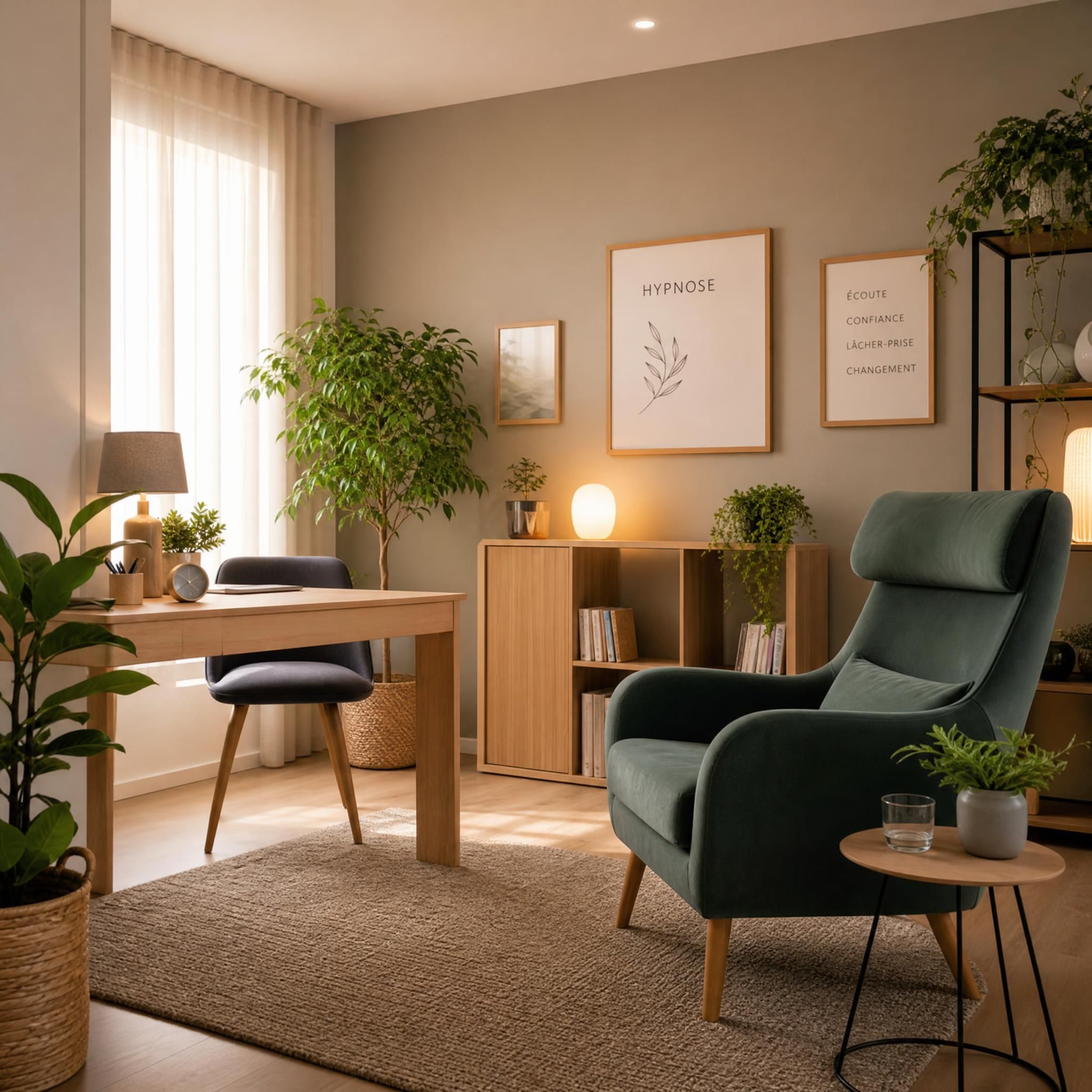 Vue d'ensemble d'un cabinet d'hypnose chaleureux et moderne, fauteuil confortable, plantes vertes, lumière naturelle douce filtrant par une fenêtre, ambiance apaisante et professionnelle — plan large