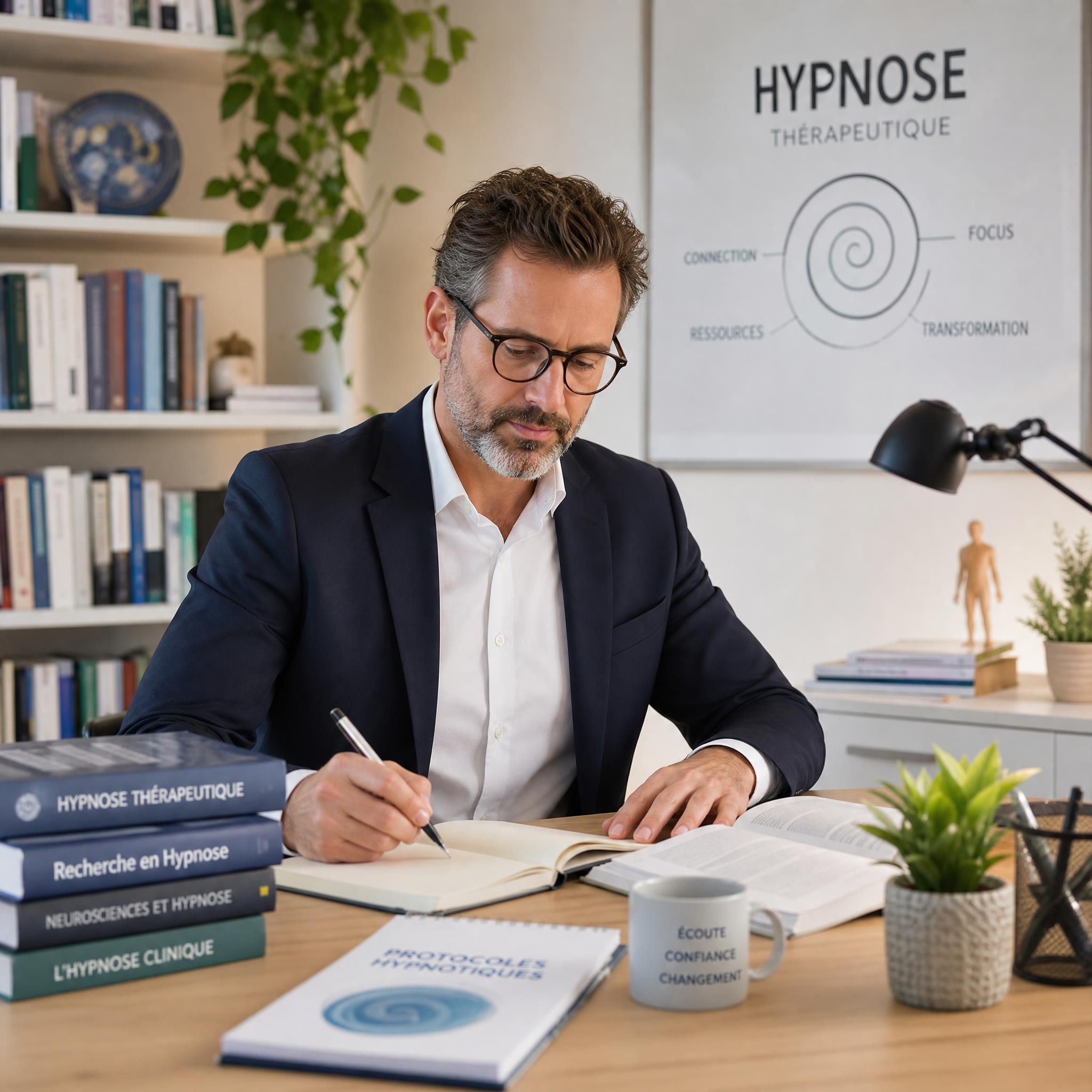 Chercheur ou praticien en hypnose thérapeutique dans un environnement professionnel lumineux et moderne, entouré de livres et d'outils de recherche, expression concentrée et bienveillante — plan moyen