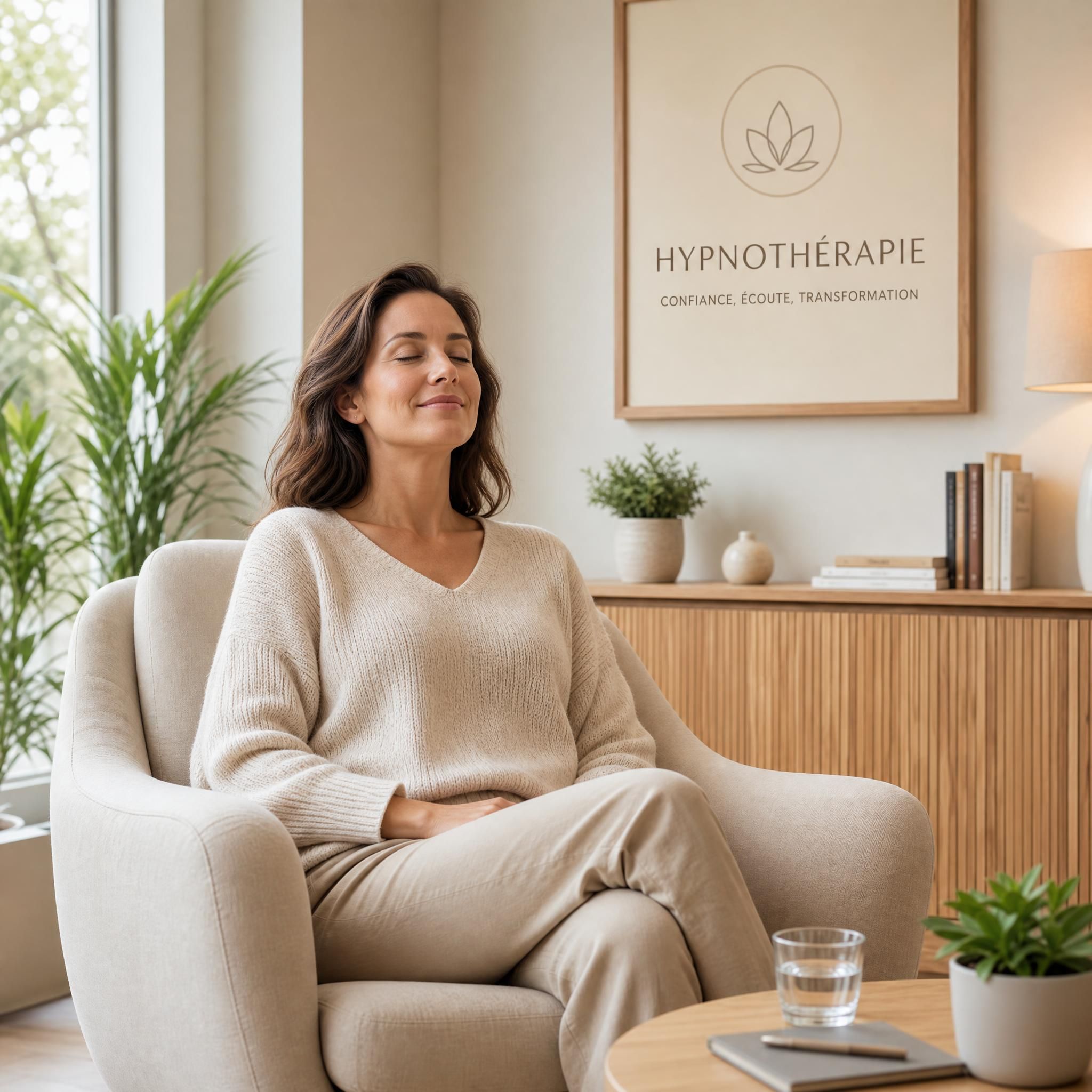 Femme sereine assise dans un fauteuil confortable dans un cabinet d'hypnothérapie moderne aux tons beige et bois clair, lumière naturelle douce, expression de paix intérieure, plan moyen — illustration d'un choix thérapeutique éclairé