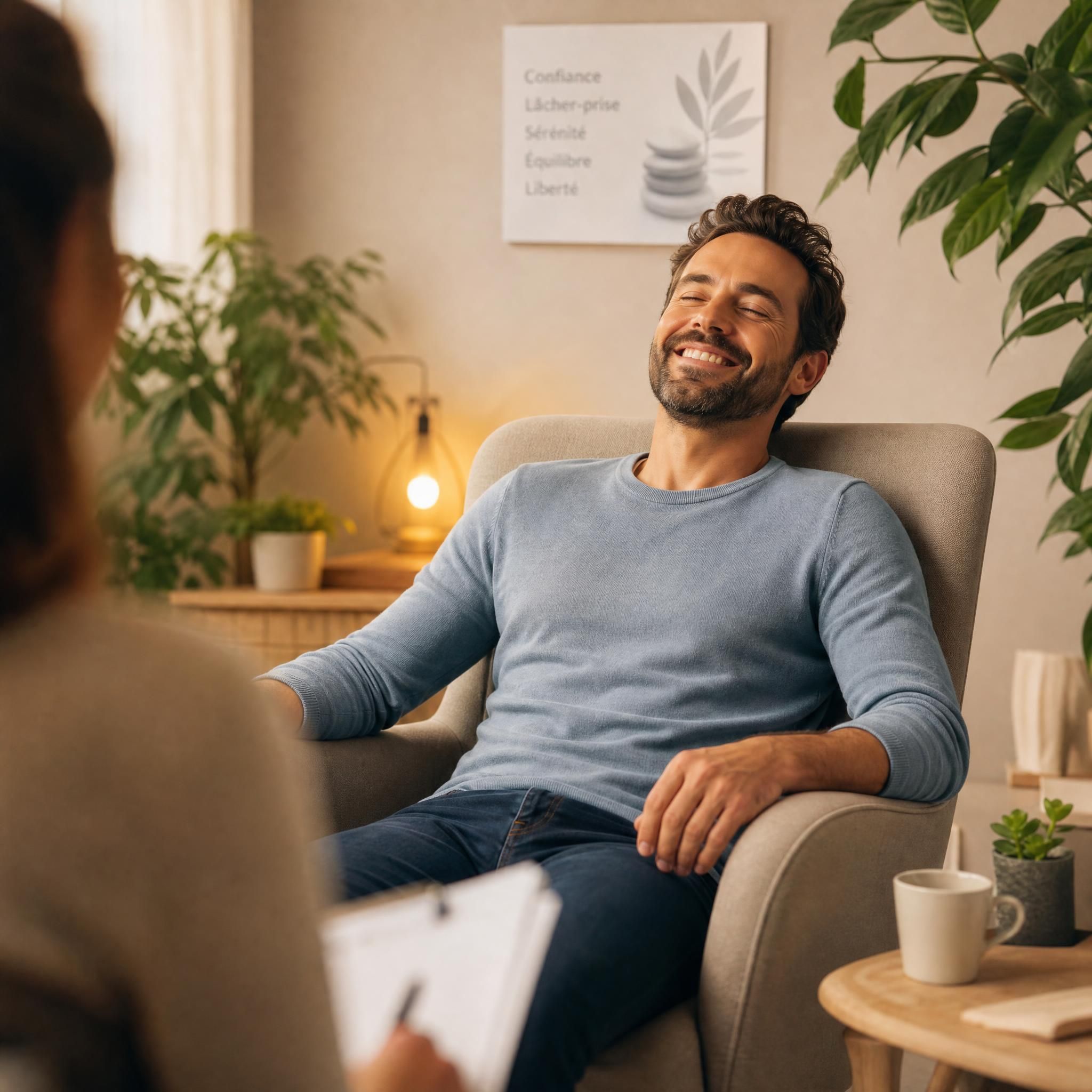 Homme souriant dans un fauteuil confortable d'un cabinet d'hypnose chaleureux, expression de légèreté et de soulagement, lumière douce, plantes vertes en arrière-plan — plan moyen illustrant le vécu positif d'une séance d'hypnose thérapeutique