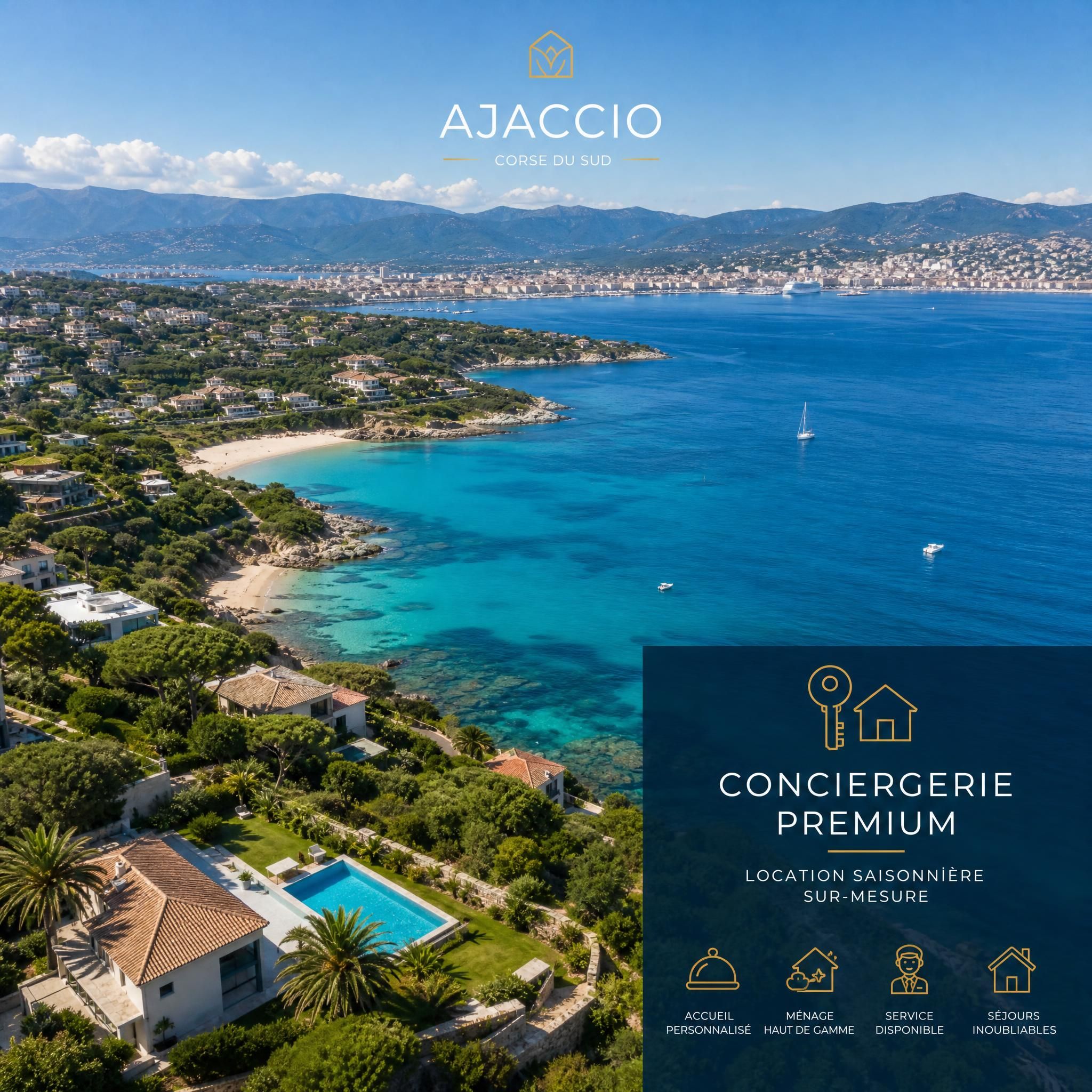 Vue aérienne du golfe d'Ajaccio en Corse du Sud avec villas et plages turquoise, illustration conciergerie locative premium