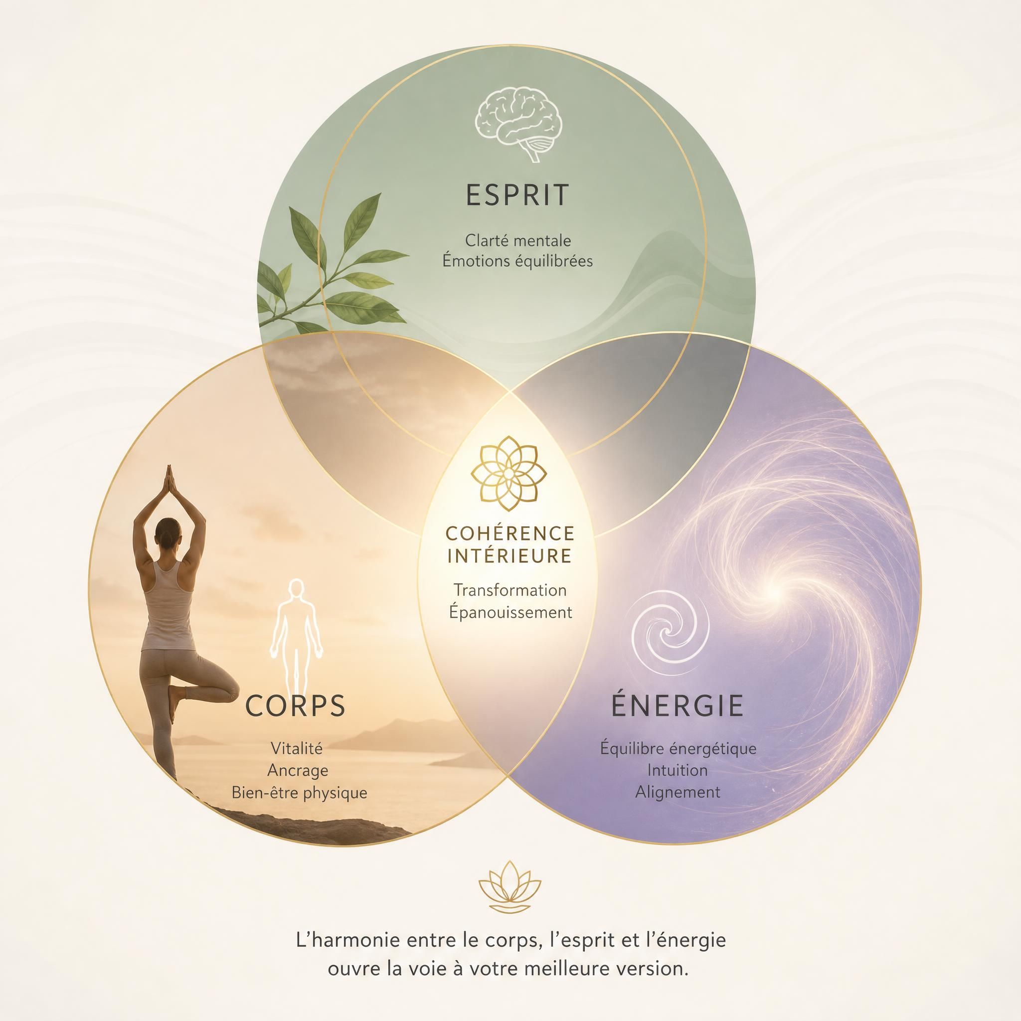 Représentation visuelle de l'approche holistique corps-esprit-énergie, trois cercles interconnectés symbolisant la cohérence intérieure et la transformation
