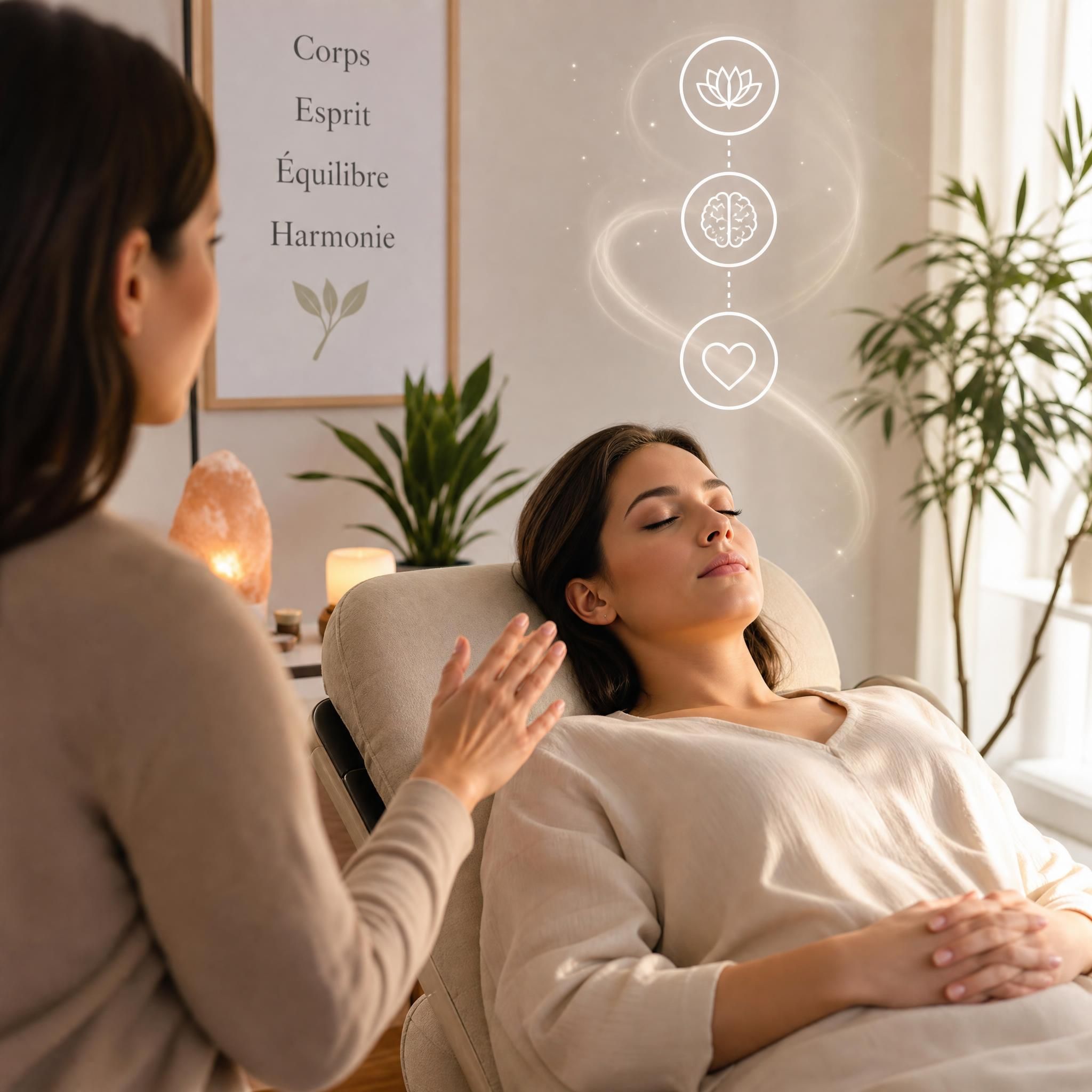 Femme en état de relaxation profonde lors d'une séance d'hypnose thérapeutique, lumière douce et apaisante, approche holistique corps-esprit