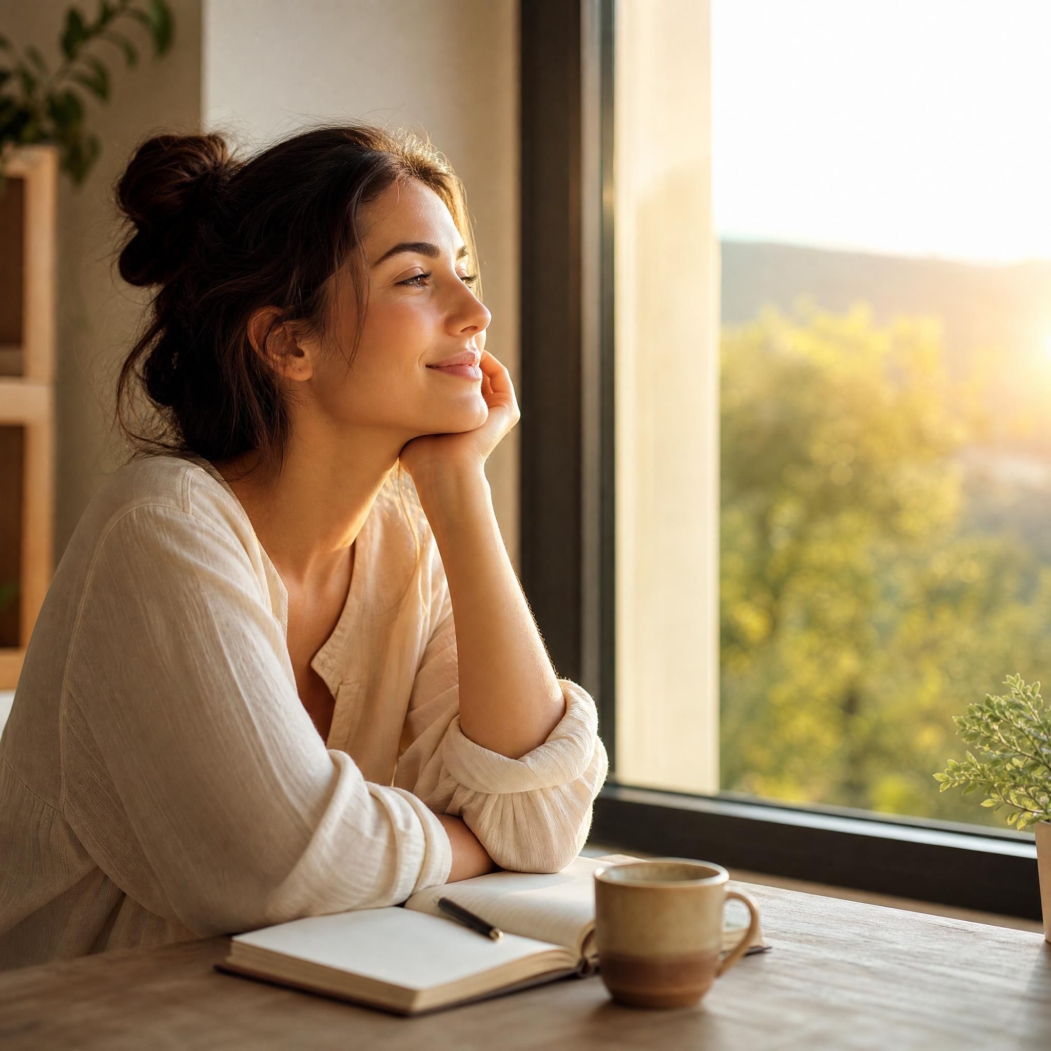 femme regardant par la fenêtre avec un sourire serein, lumière naturelle dorée, symbolisant la transformation intérieure et la paix retrouvée