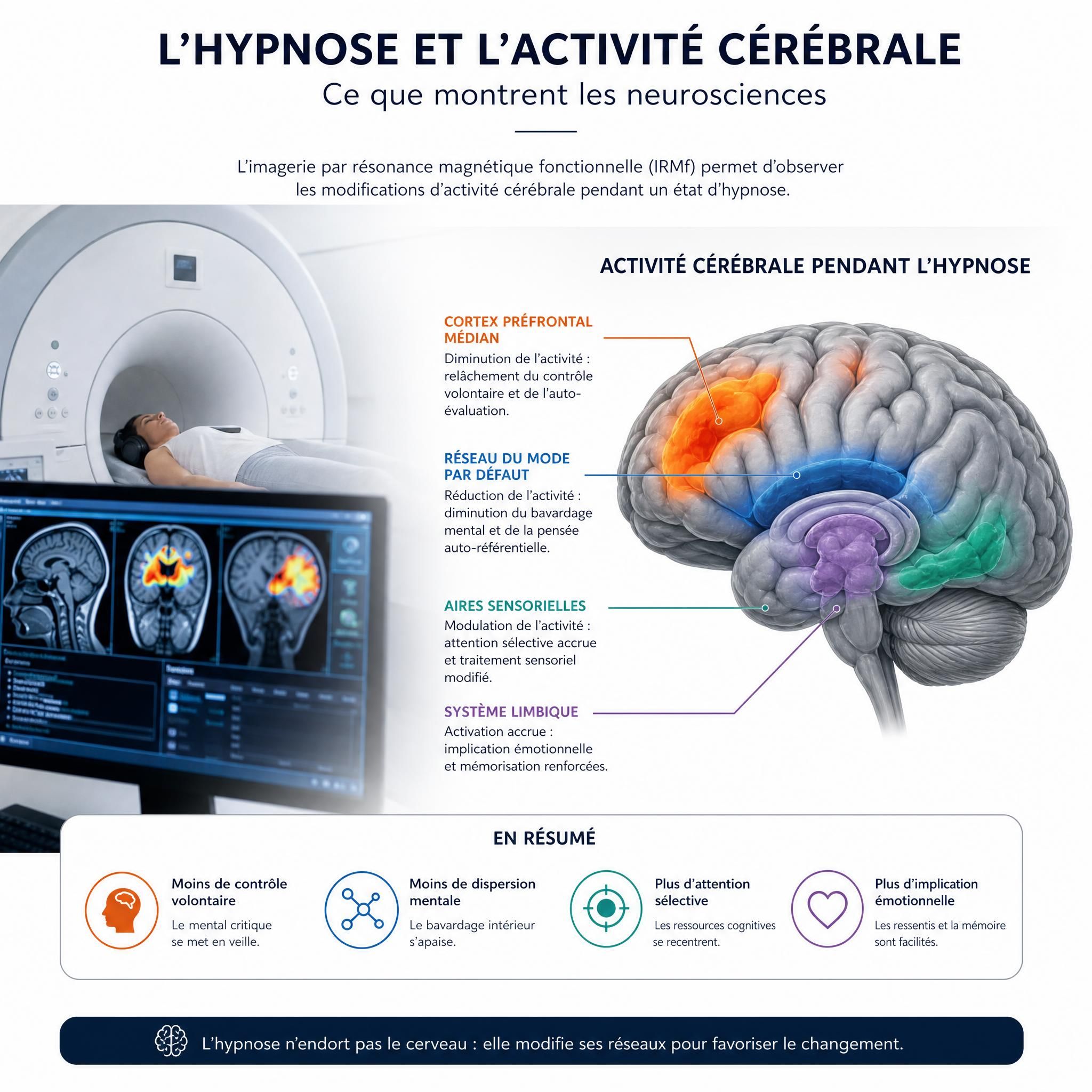 Illustration neurosciences et hypnose - activité cérébrale en IRM fonctionnelle pendant un état hypnotique, schéma scientifique moderne