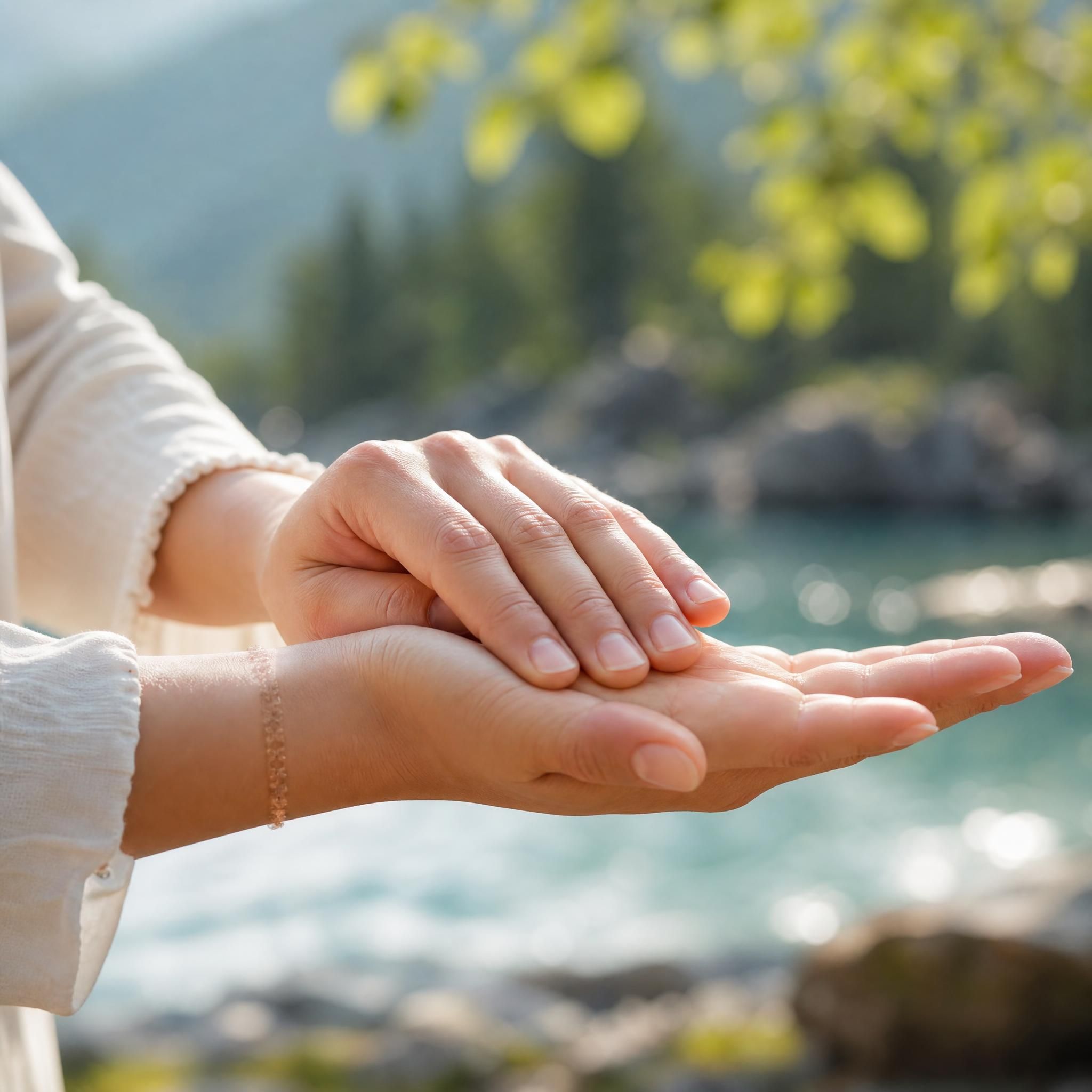 gros plan sur des mains pratiquant un ancrage ressource, fond naturel apaisant