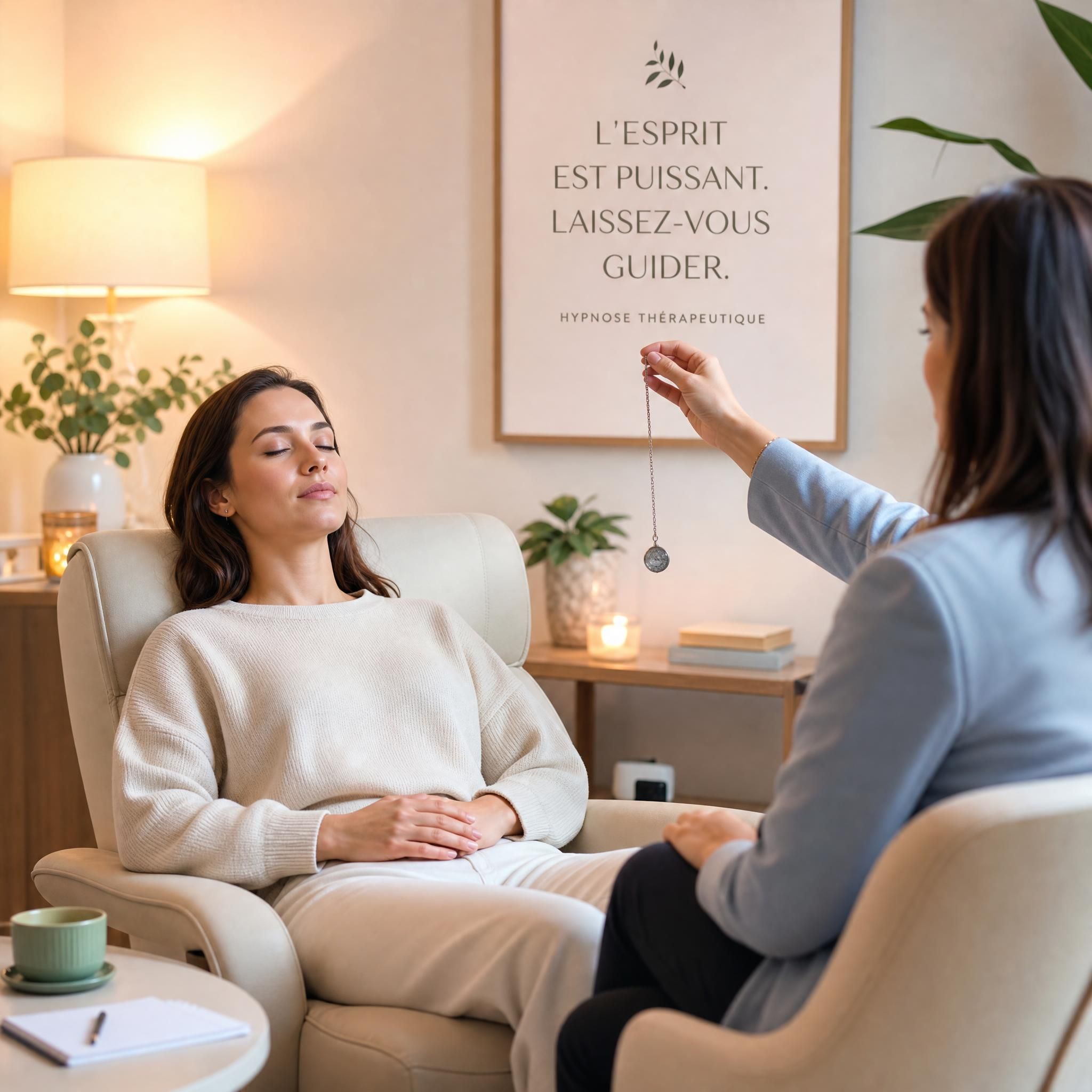femme sereine en séance d'hypnose thérapeutique, lumière douce, ambiance apaisante et professionnelle