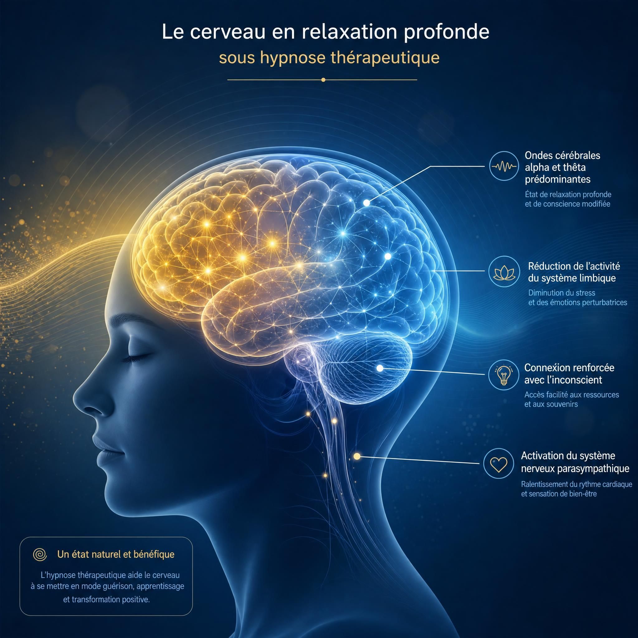 illustration neuroscientifique stylisée du cerveau en état de relaxation profonde sous hypnose thérapeutique, tons bleus et dorés apaisants